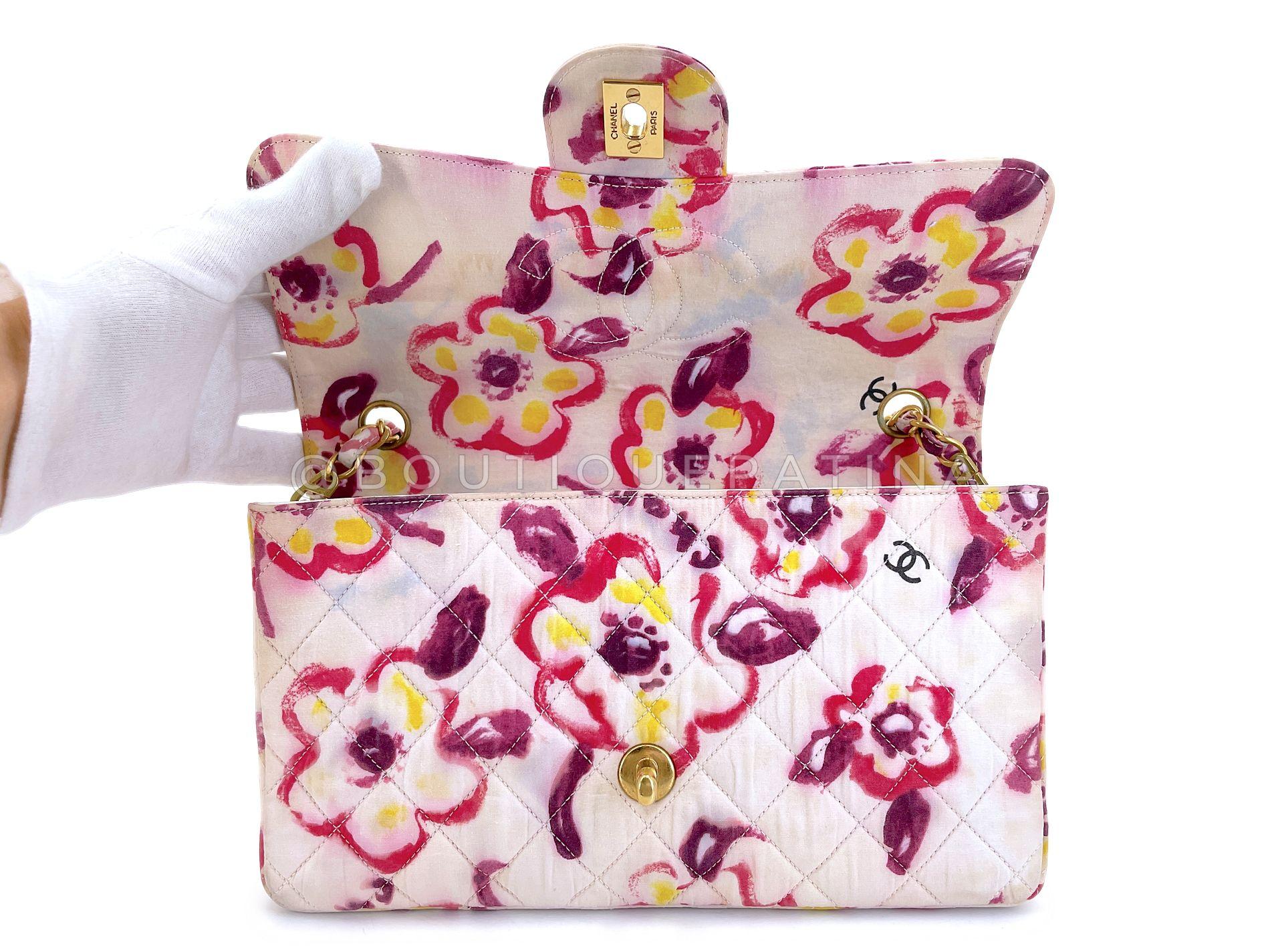Rare Chanel 1996 Vintage Watercolor Floral Medium Classic Flap Bag 24k GHW 68568 For Sale 4