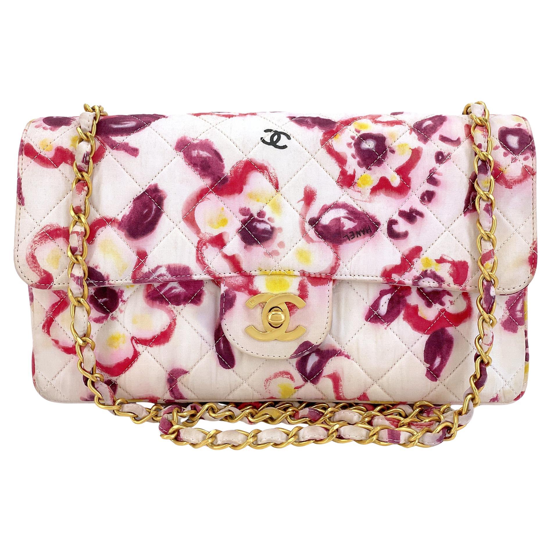 Rare Chanel 1996 Vintage Watercolor Floral Medium Classic Flap Bag 24k GHW 68568 For Sale