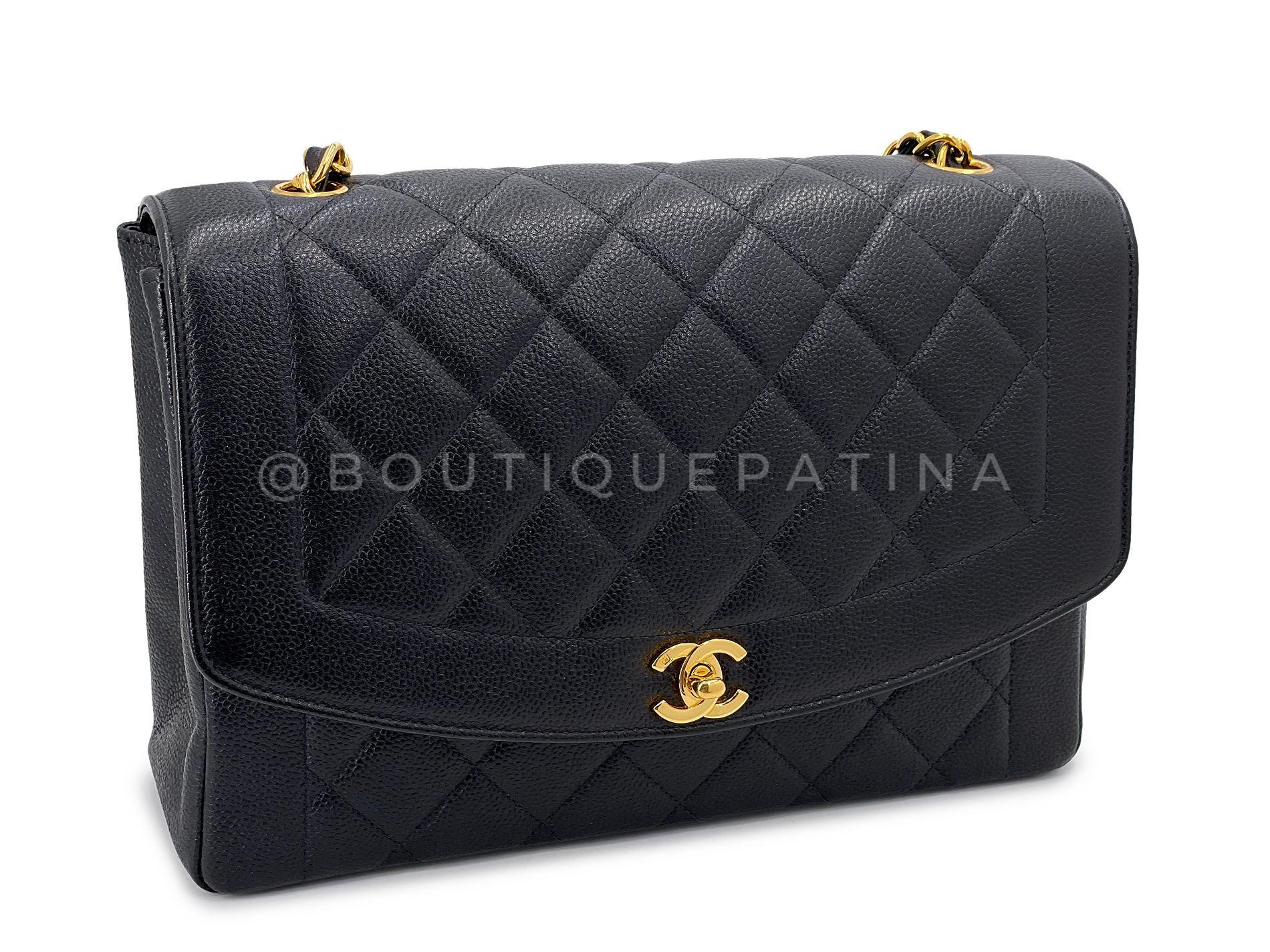 Rare Chanel 1997 Vintage Large Jumbo Black Caviar Diana Flap Bag 24k GHW 68110 In Excellent Condition For Sale In Costa Mesa, CA