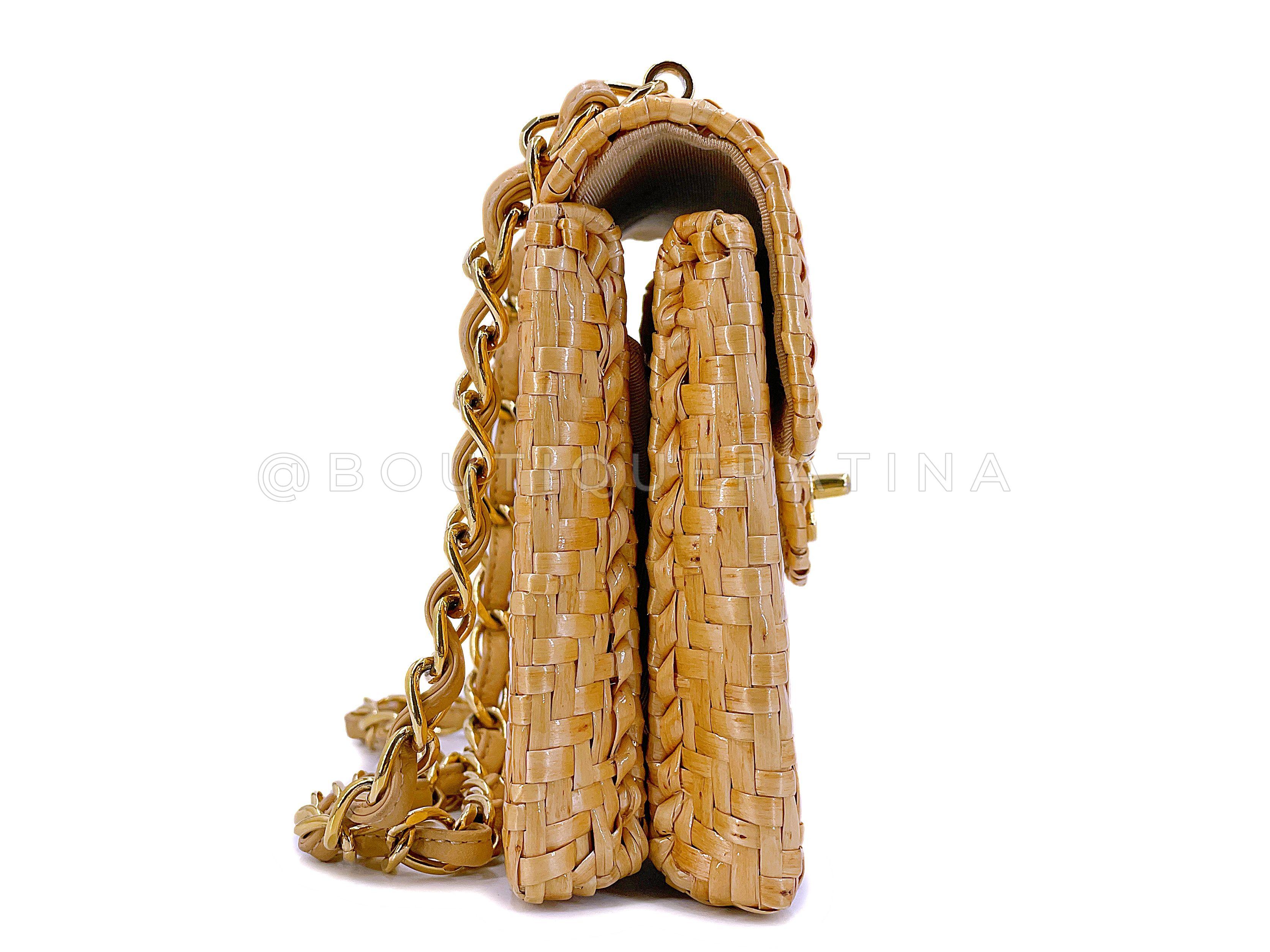 Rare Chanel 2000 Vintage Rattan Wicker Mini Flap Bag 24k GHW 67780 In Excellent Condition In Costa Mesa, CA
