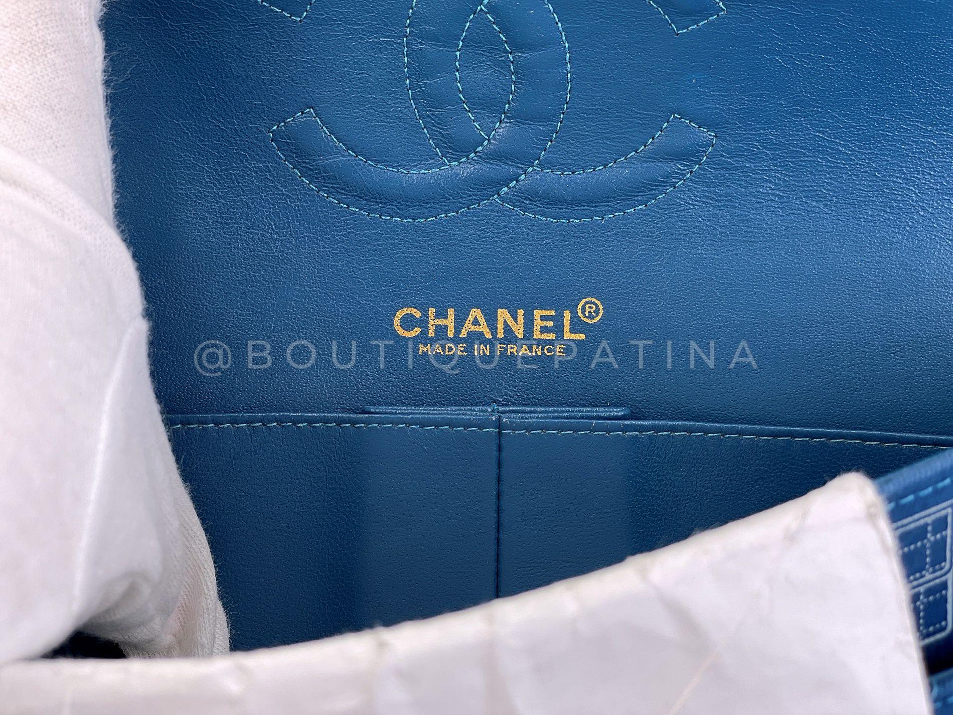 Rare Chanel 2003 Vintage ICONS Blue Canvas Printed Medium Classic Double Flap Ba For Sale 7