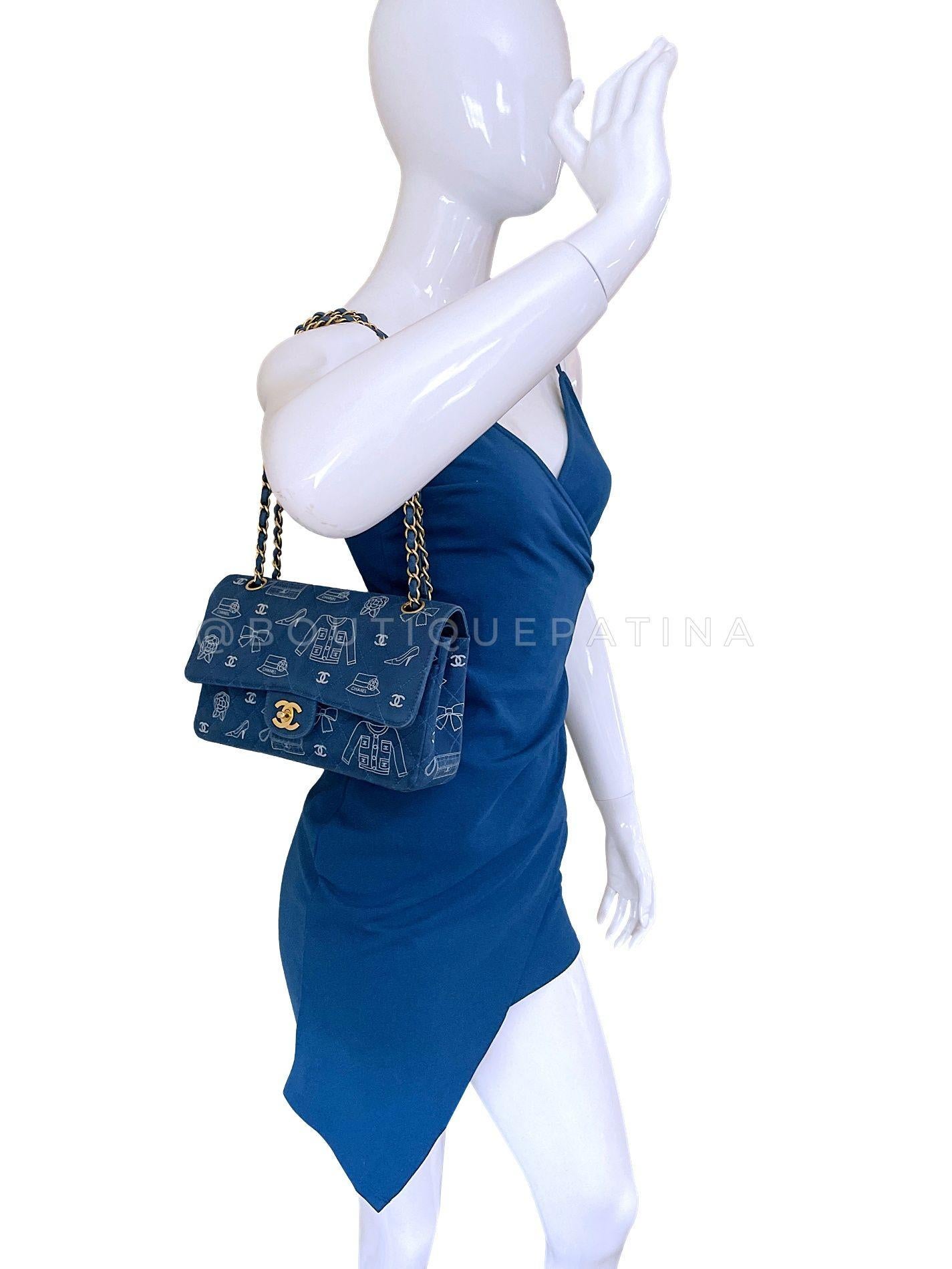 Rare Chanel 2003 Vintage ICONS Blue Canvas Printed Medium Classic Double Flap Ba For Sale 9