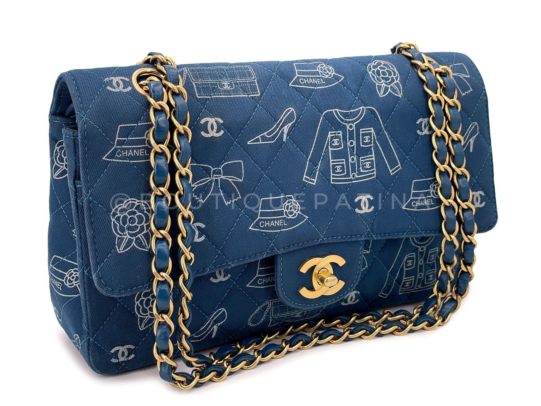 Store item: 68092
Rare Chanel 2003 Vintage ICONS Blue Canvas Printed Medium Classic Double Flap Bag 24k GHW is a very special gem from Lagerfeld's 2003 Icons collection.

While this model is a unique find, it's even harder to find this in this