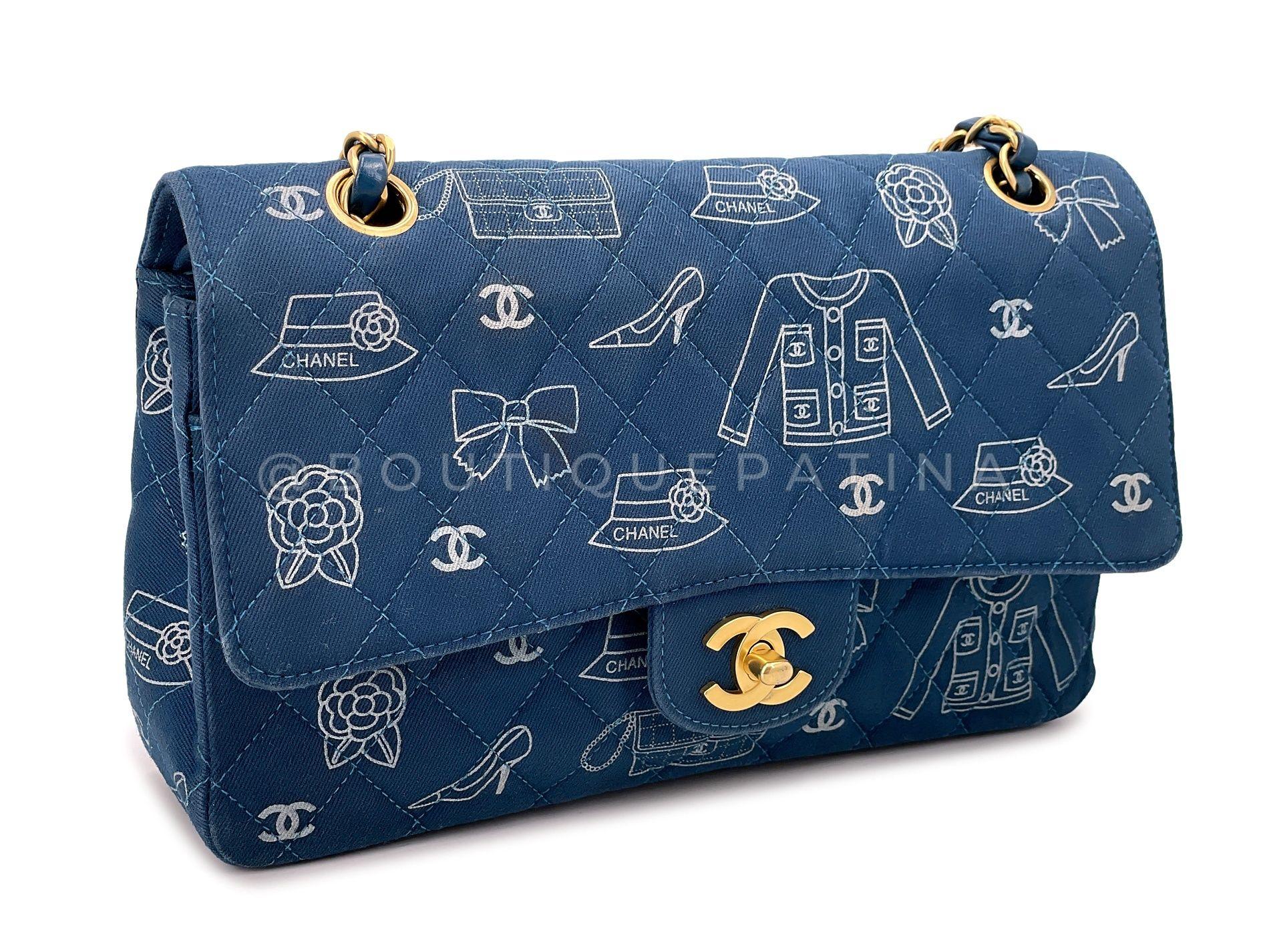 Rare Chanel 2003 Vintage ICONS Blue Canvas Printed Medium Classic Double Flap Ba In Excellent Condition For Sale In Costa Mesa, CA