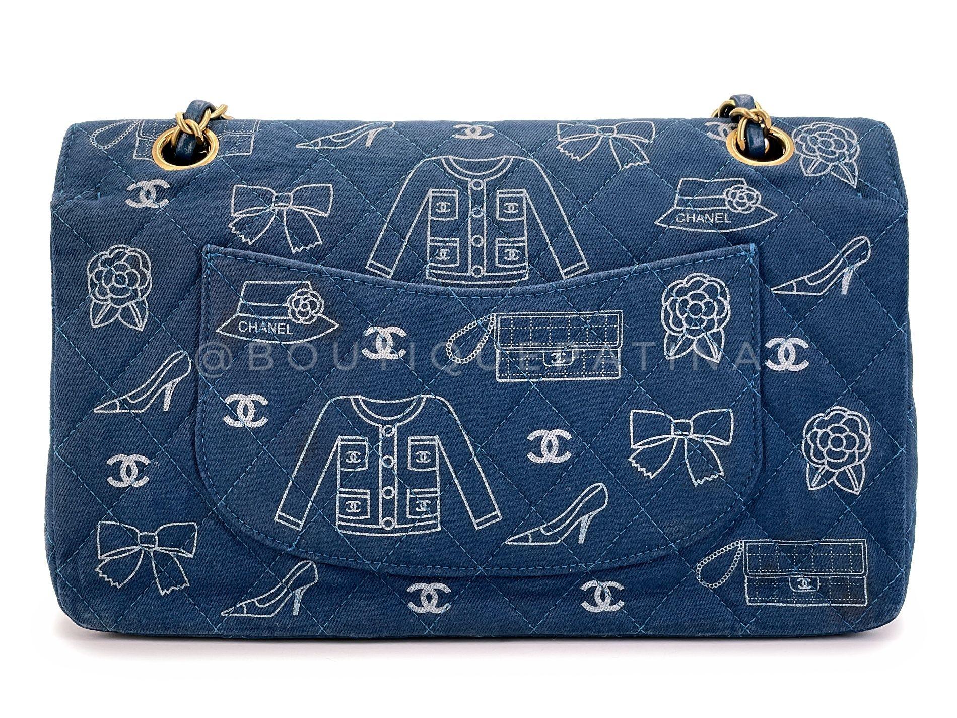 Rare Chanel 2003 Vintage ICONS Blue Canvas Printed Medium Classic Double Flap Ba For Sale 1