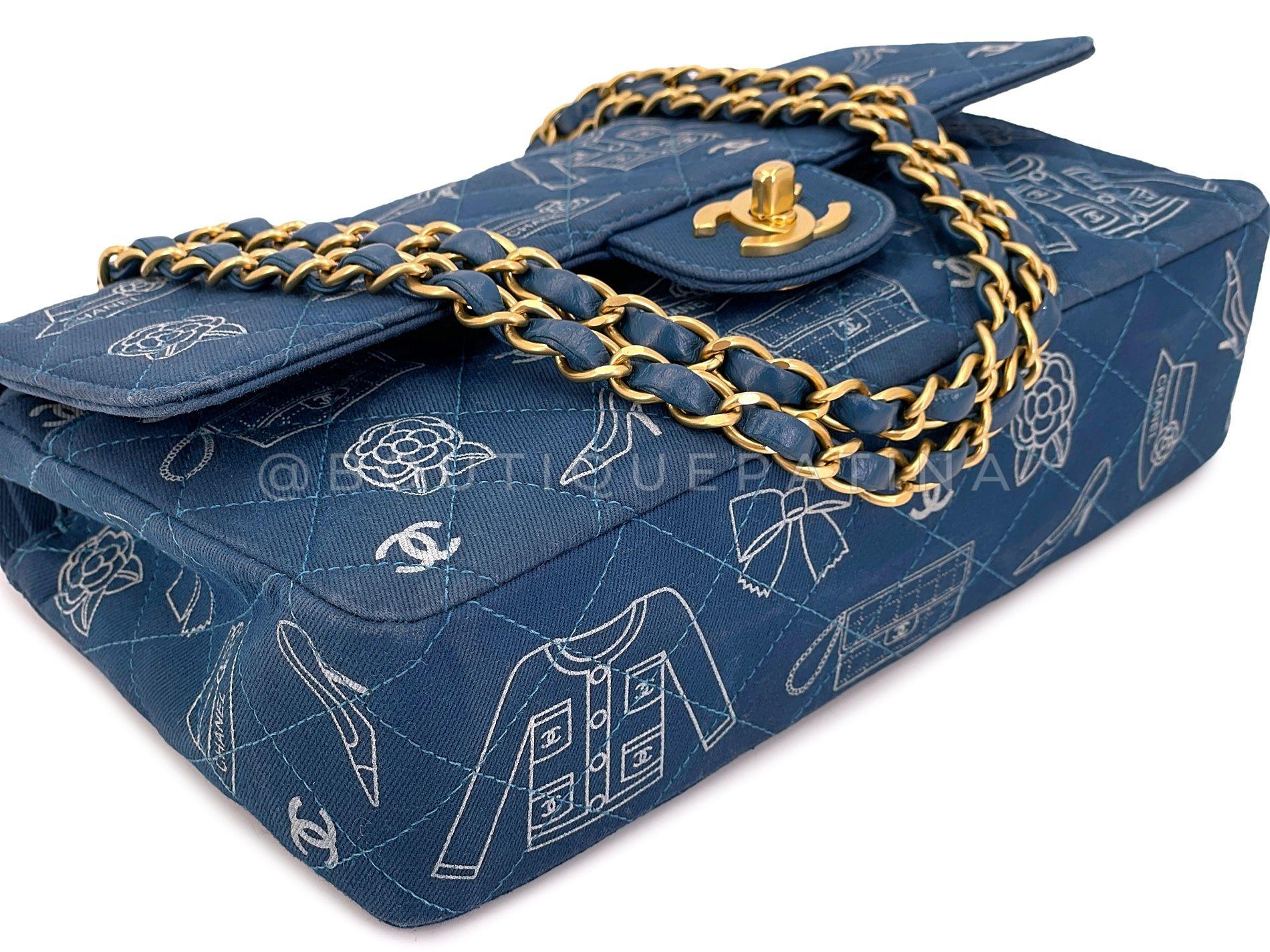Rare Chanel 2003 Vintage ICONS Blue Canvas Printed Medium Classic Double Flap Ba For Sale 3