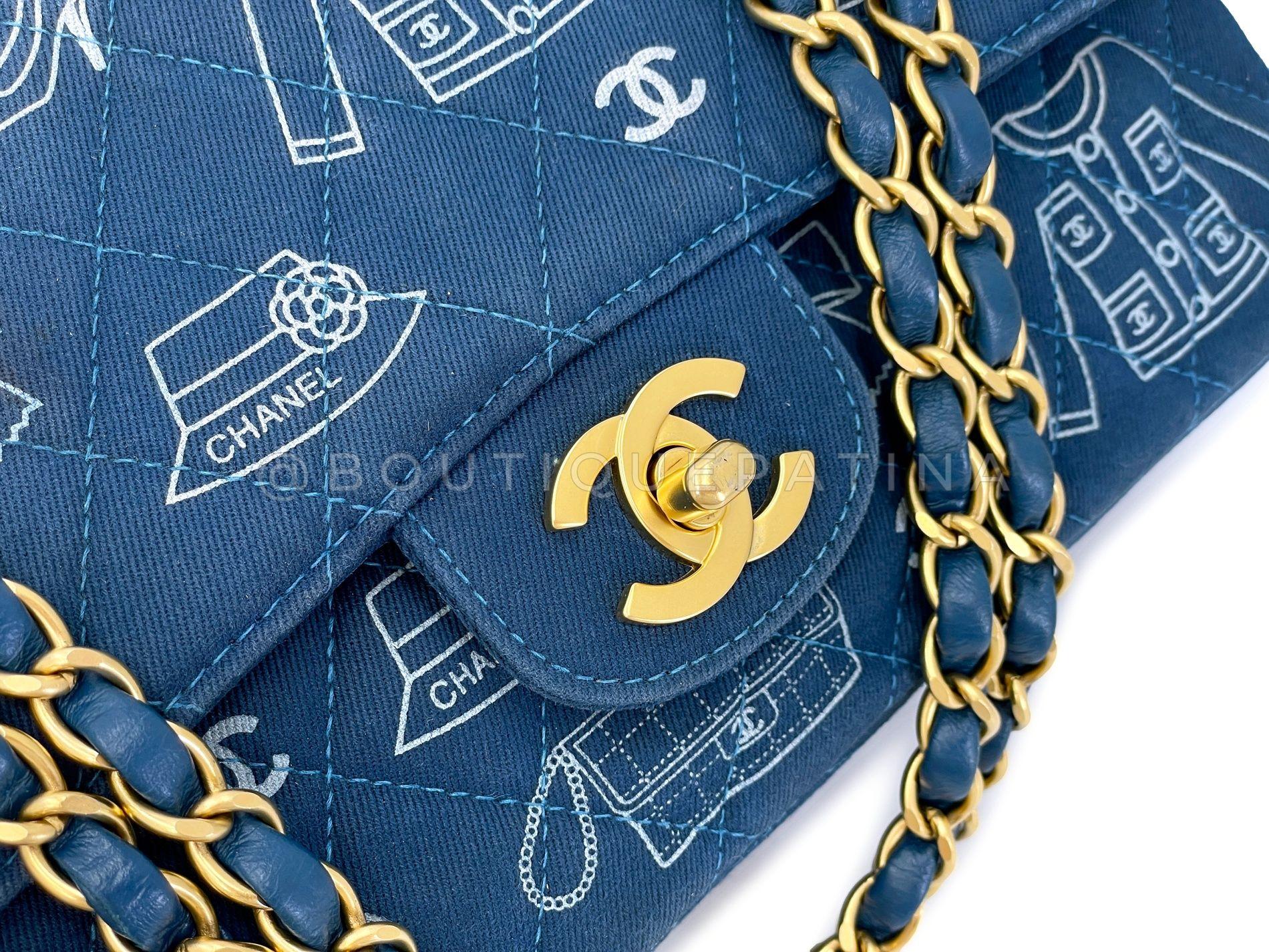 Rare Chanel 2003 Vintage ICONS Blue Canvas Printed Medium Classic Double Flap Ba For Sale 4
