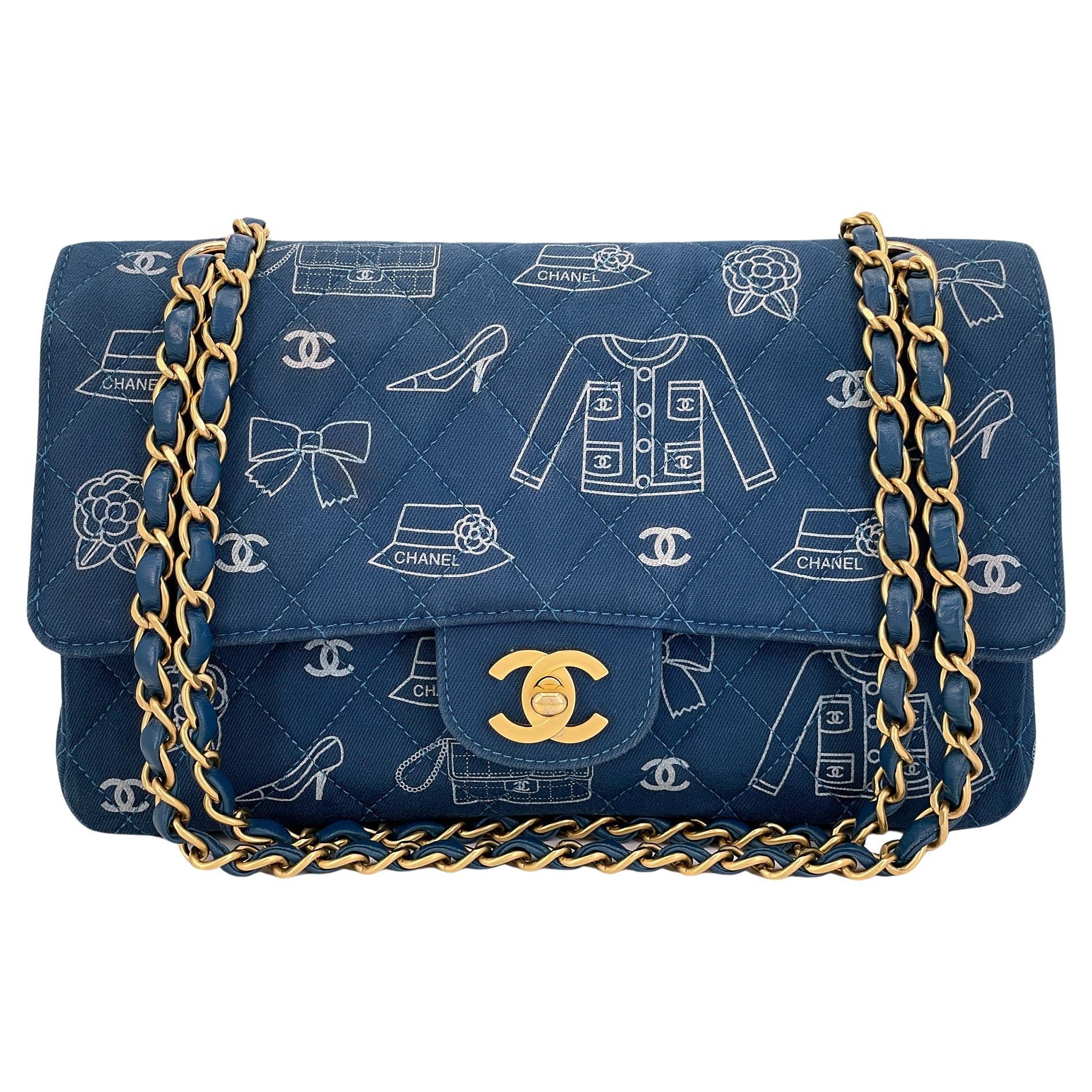 Rare Chanel 2003 Vintage ICONS Blue Canvas Printed Medium Classic Double Flap Ba For Sale