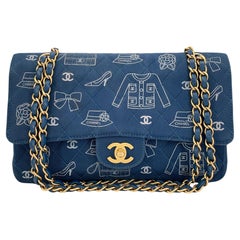 Rare Chanel 2003 Used ICONS Blue Canvas Printed Medium Classic Double Flap Ba