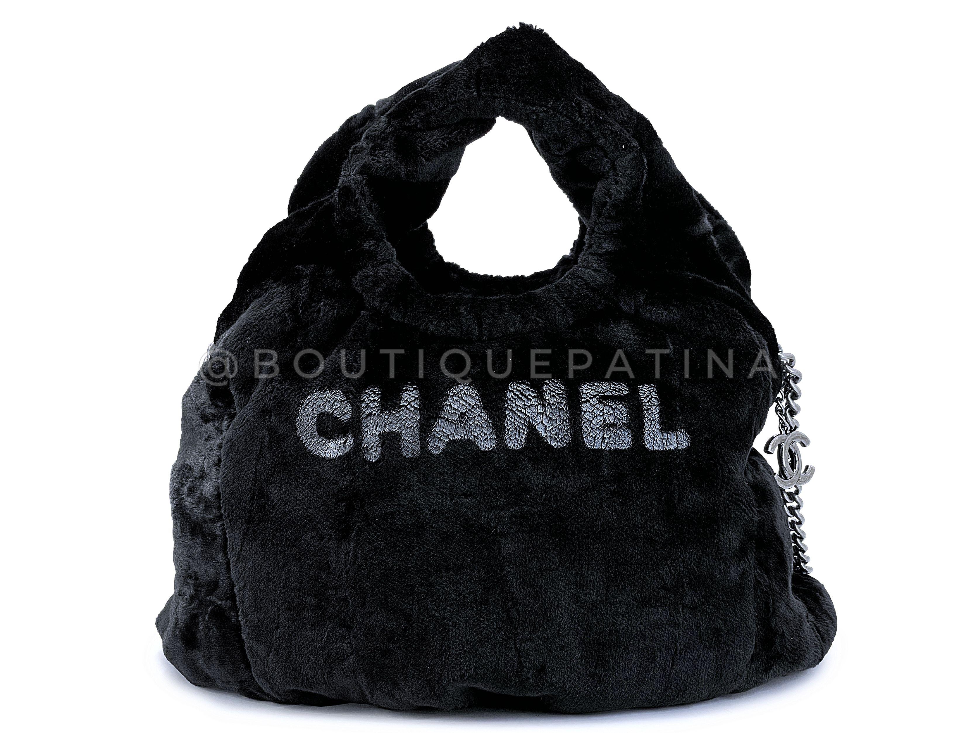 Women's Rare Chanel 2010 Black Logo Fur Hobo Tote Bag SHW 67704 For Sale