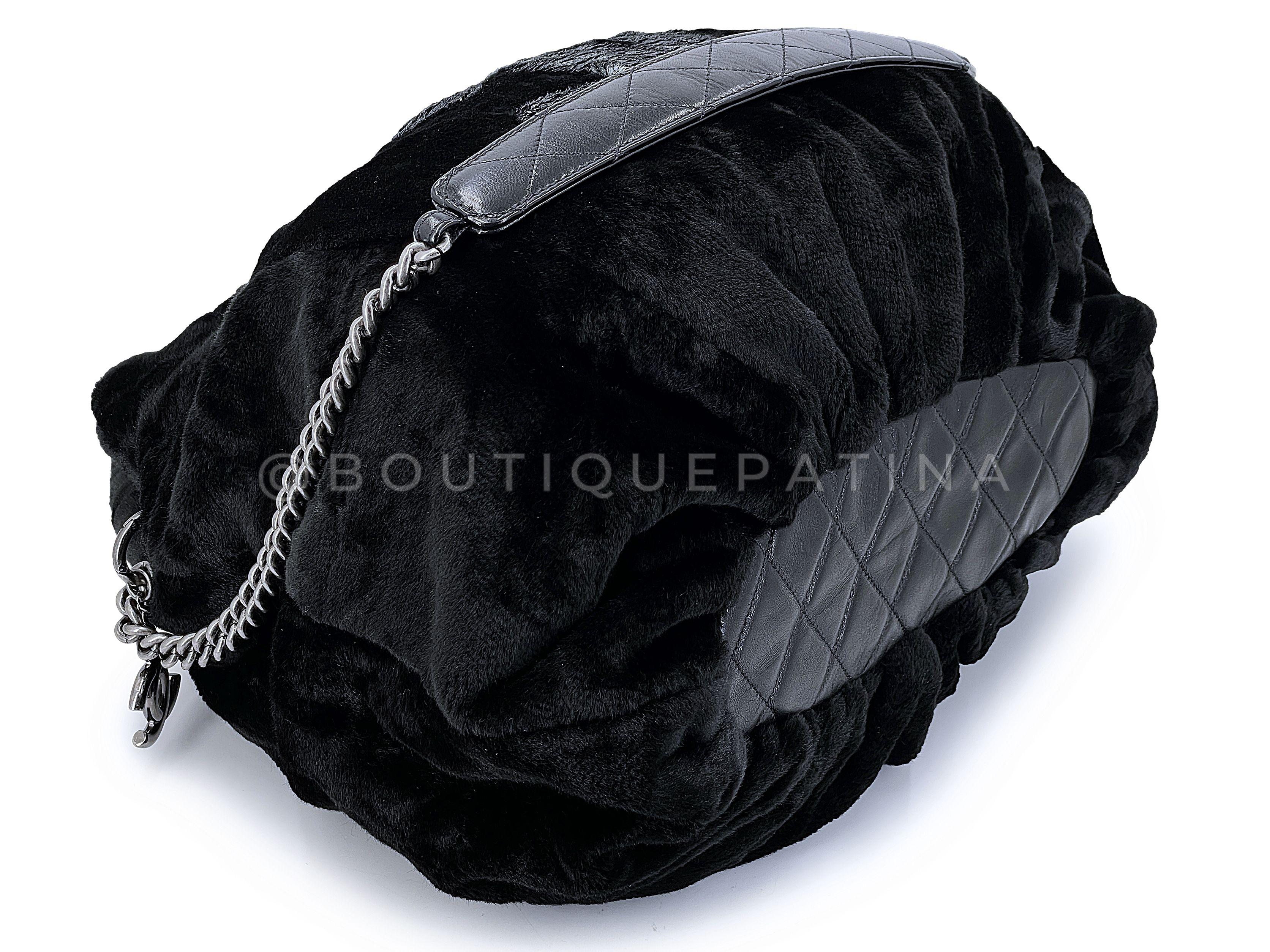 Rare Chanel 2010 Black Logo Fur Hobo Tote Bag SHW 67704 For Sale 2