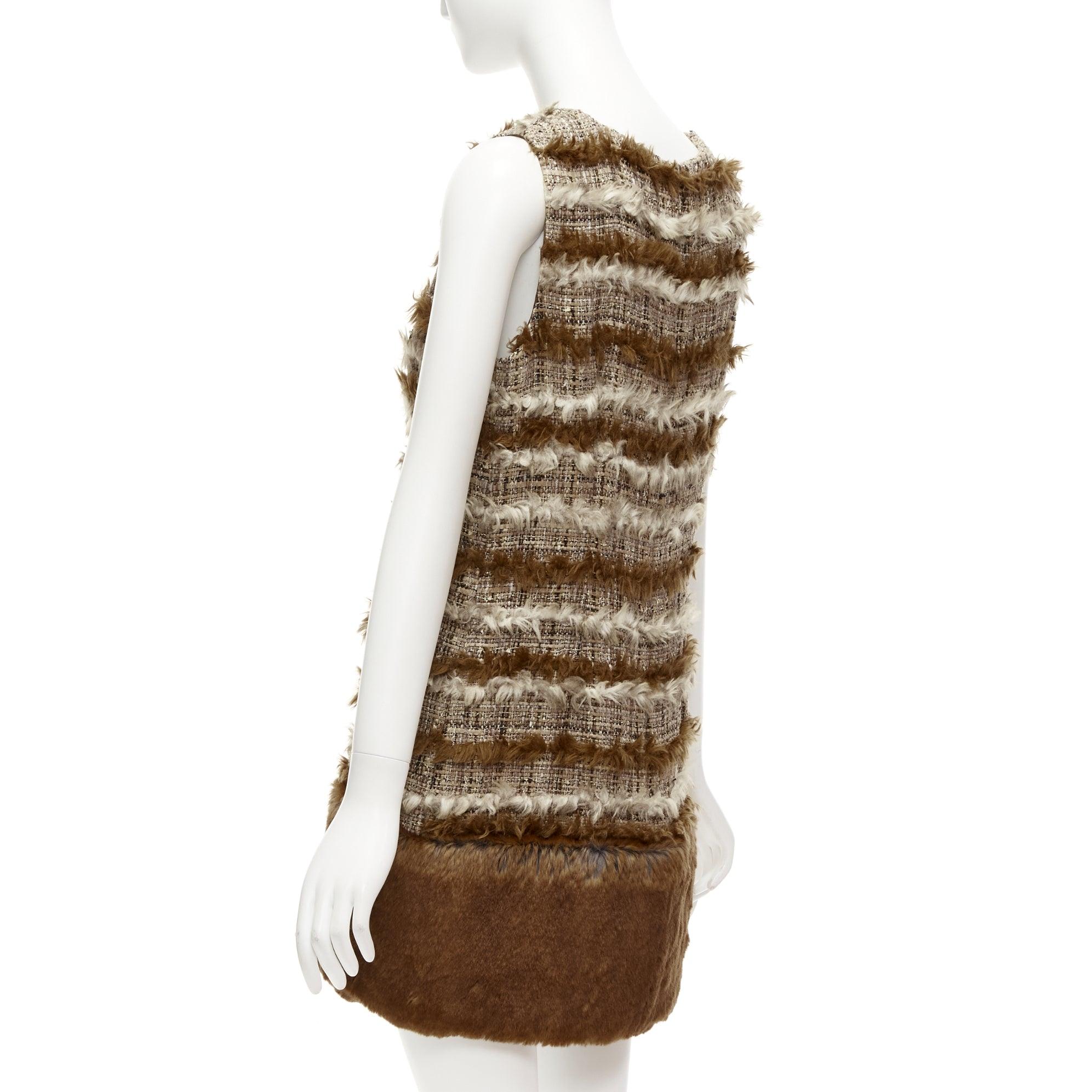 rare CHANEL 2010 marron Fantasy Tweed fluffy faux fur trim shift dress FR38 M 1