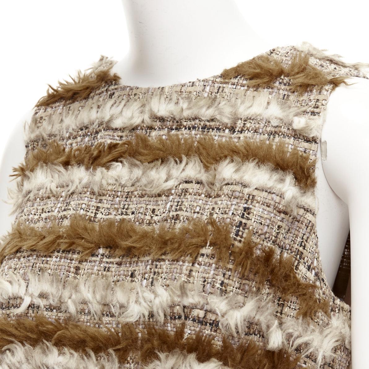 rare CHANEL 2010 marron Fantasy Tweed fluffy faux fur trim shift dress FR38 M 2