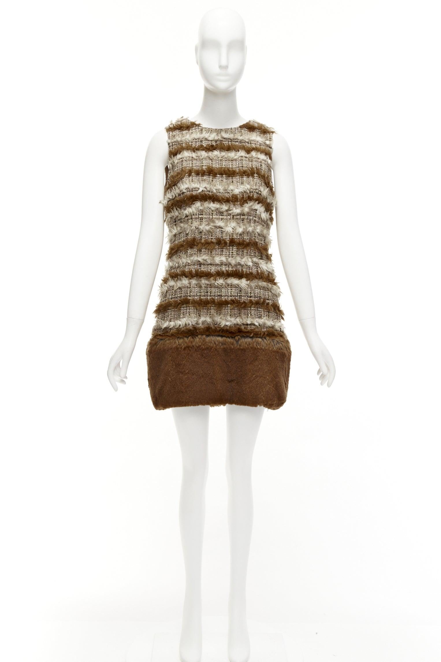 rare CHANEL 2010 marron Fantasy Tweed fluffy faux fur trim shift dress FR38 M 4