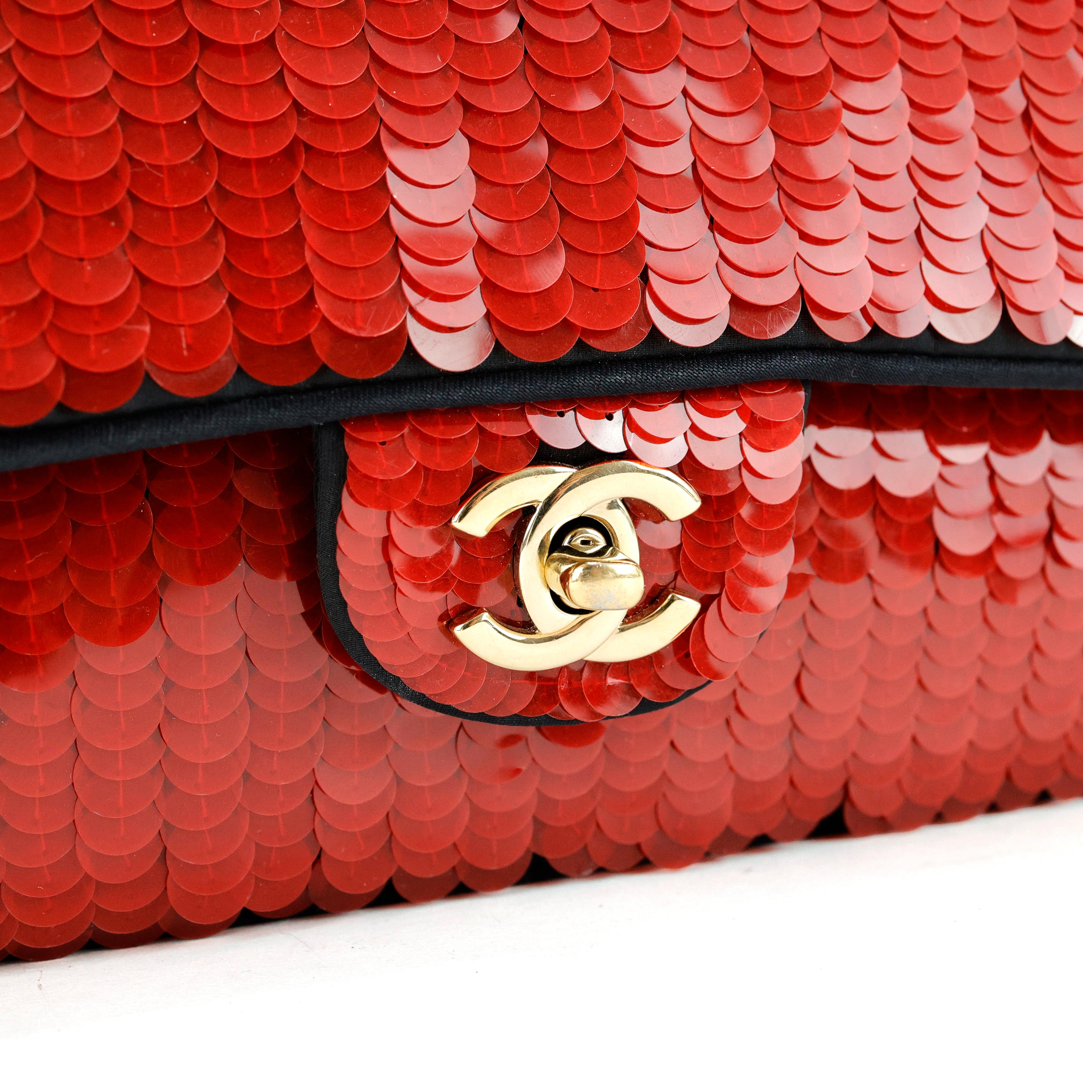 Women's Rare Chanel 2010 Shanghai Red Sequins Timeless Double Flap Bag For Sale