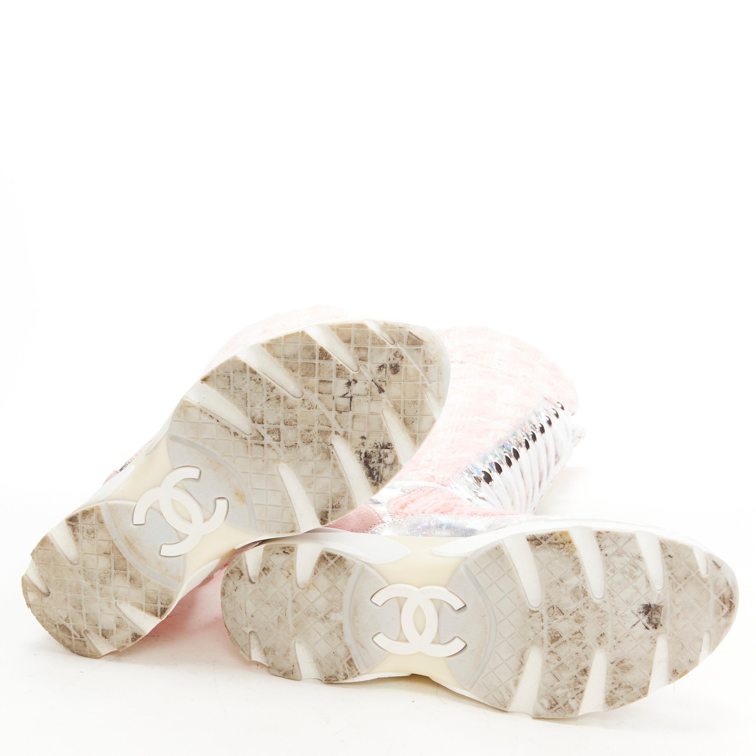 rare CHANEL 2014  Runway pink tweed iridescent silver lace up sneaker boot EU36 7