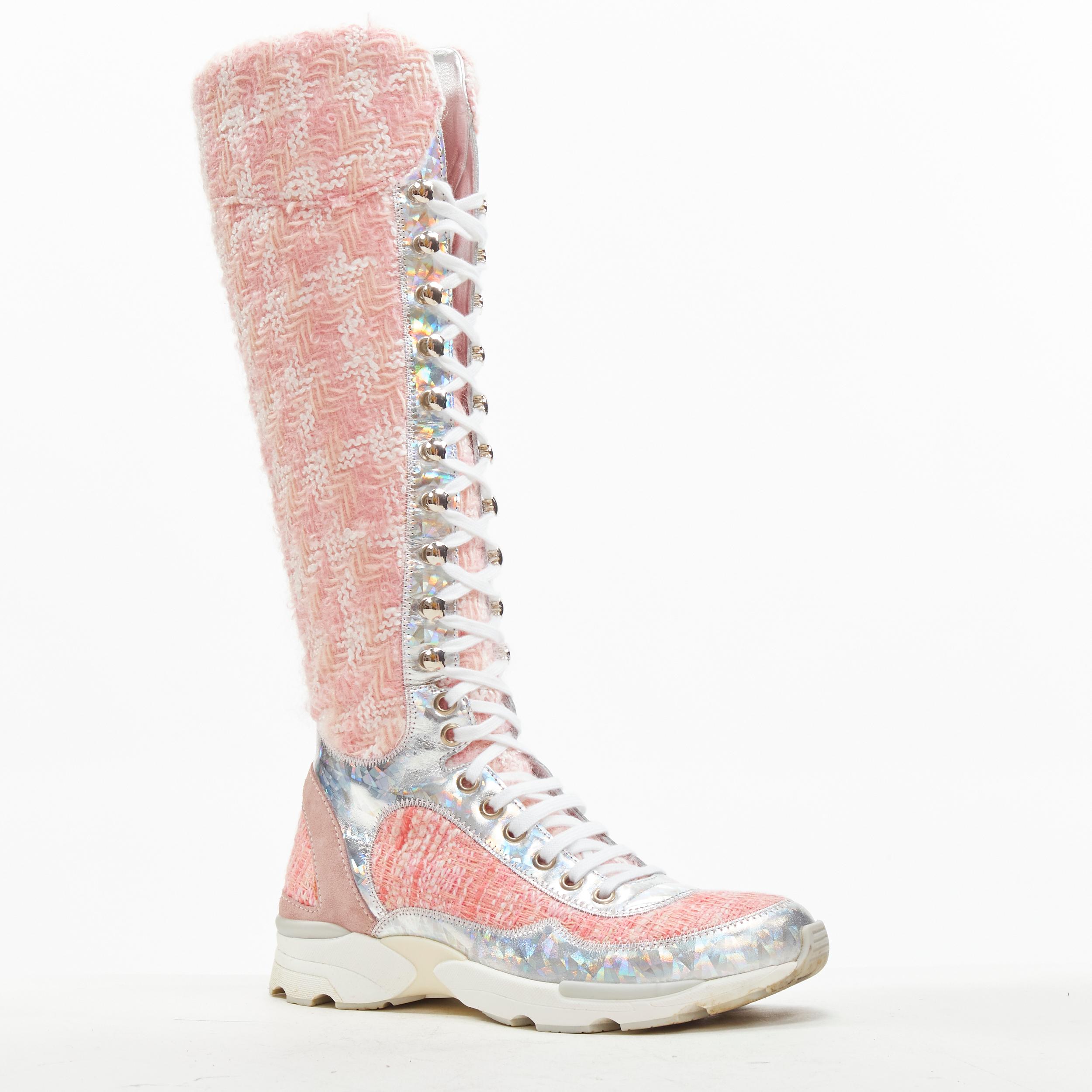 Women's rare CHANEL 2014  Runway pink tweed iridescent silver lace up sneaker boot EU36