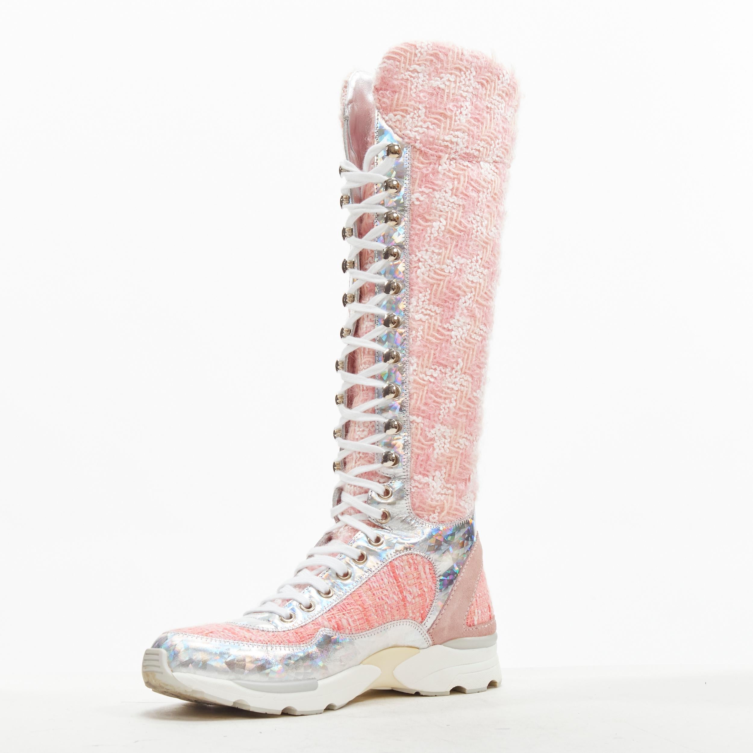 rare CHANEL 2014  Runway pink tweed iridescent silver lace up sneaker boot EU36 1