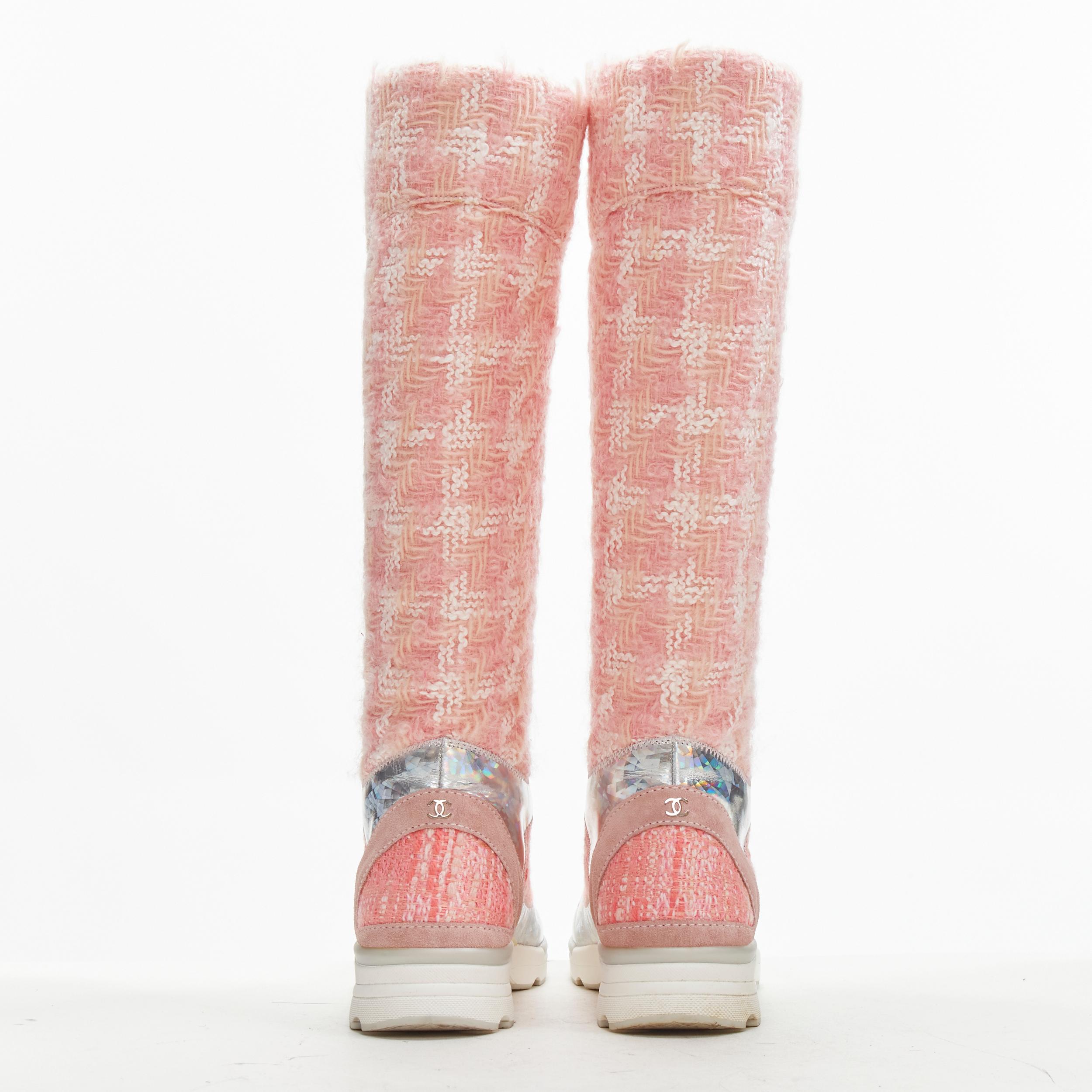 rare CHANEL 2014  Runway pink tweed iridescent silver lace up sneaker boot EU36 2