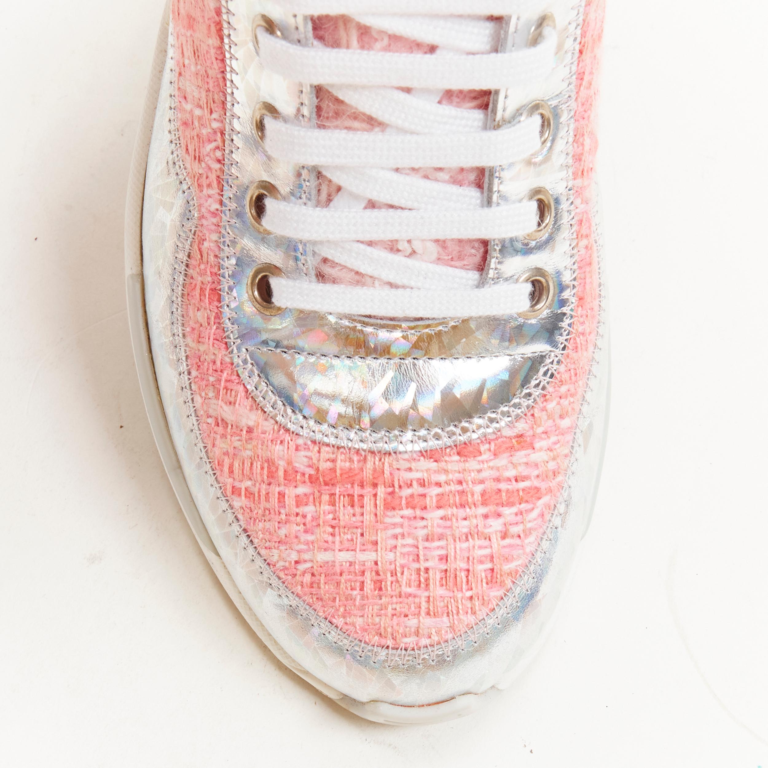 rare CHANEL 2014  Runway pink tweed iridescent silver lace up sneaker boot EU36 3