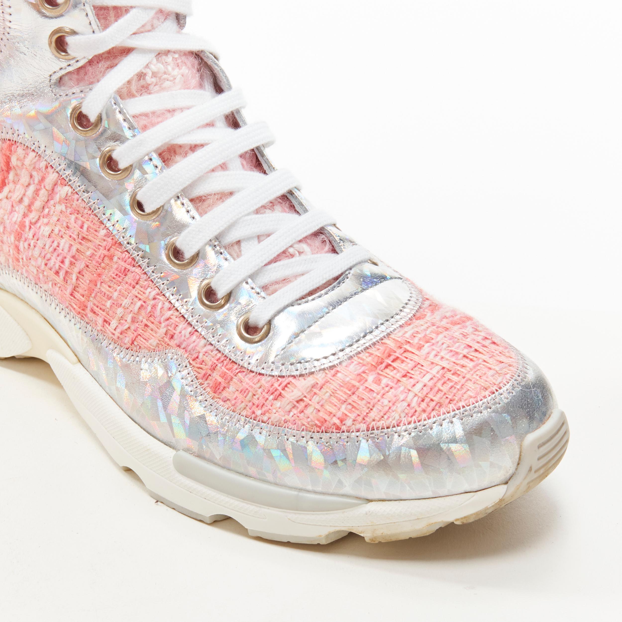 rare CHANEL 2014  Runway pink tweed iridescent silver lace up sneaker boot EU36 4