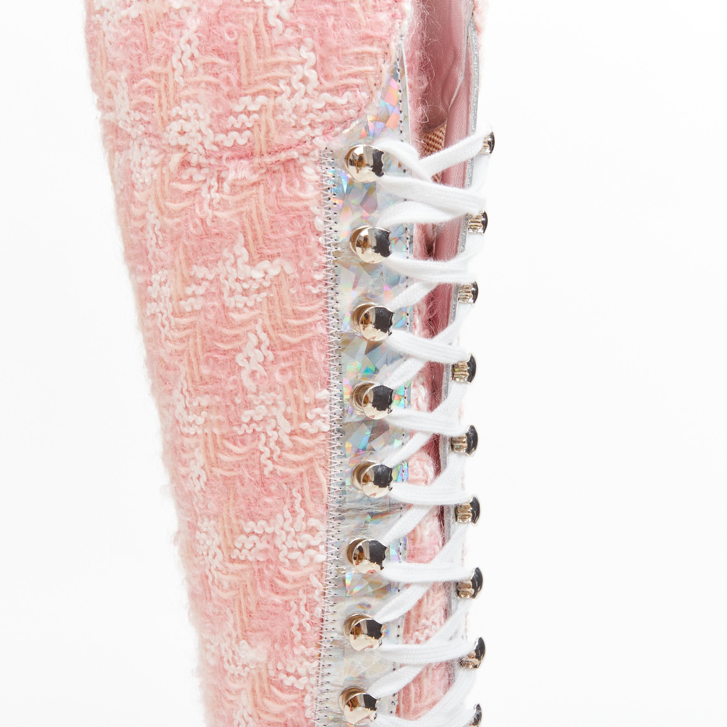 rare CHANEL 2014  Runway pink tweed iridescent silver lace up sneaker boot EU36 5