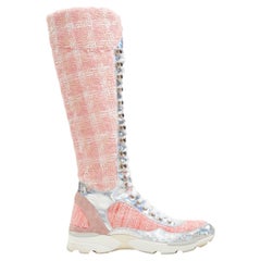 rare CHANEL 2014  Runway pink tweed iridescent silver lace up sneaker boot EU36