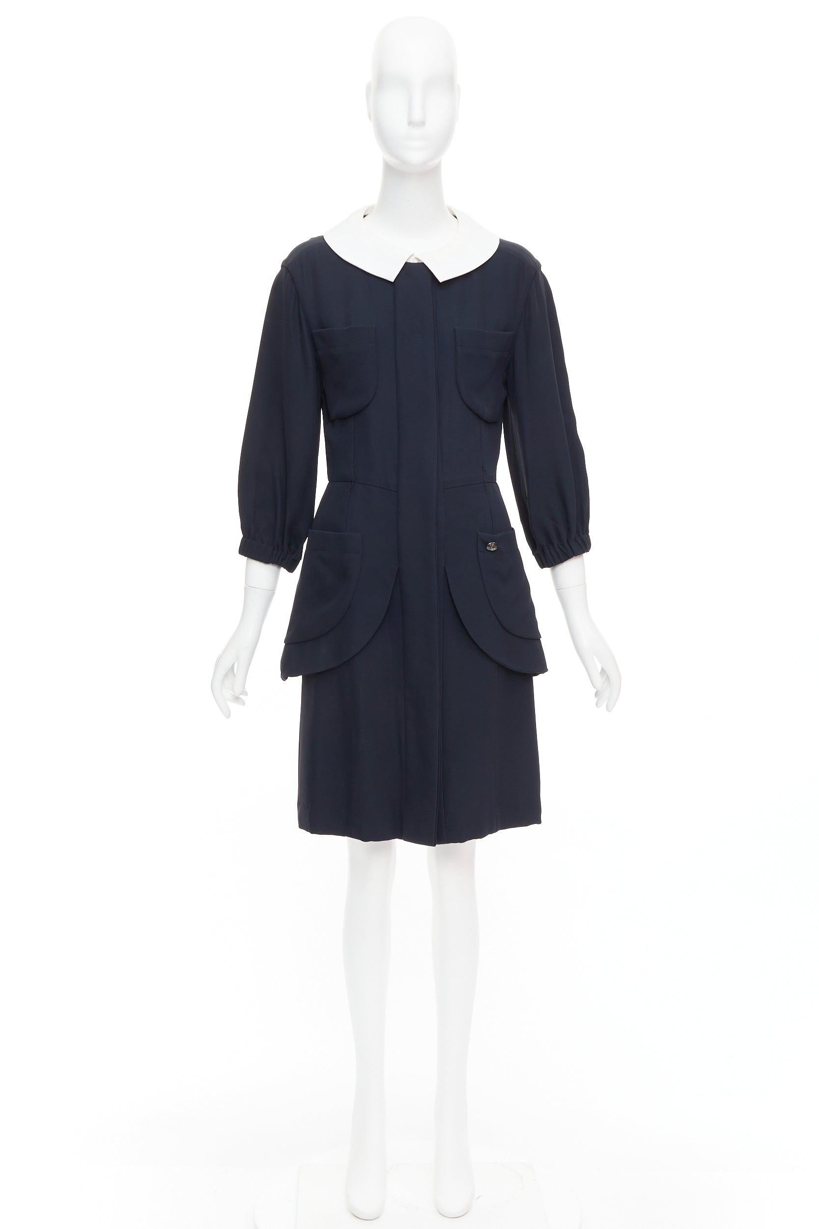 rare CHANEL 2015 Runway black silk white cotton collar trompe loeil dress FR36 S For Sale 5