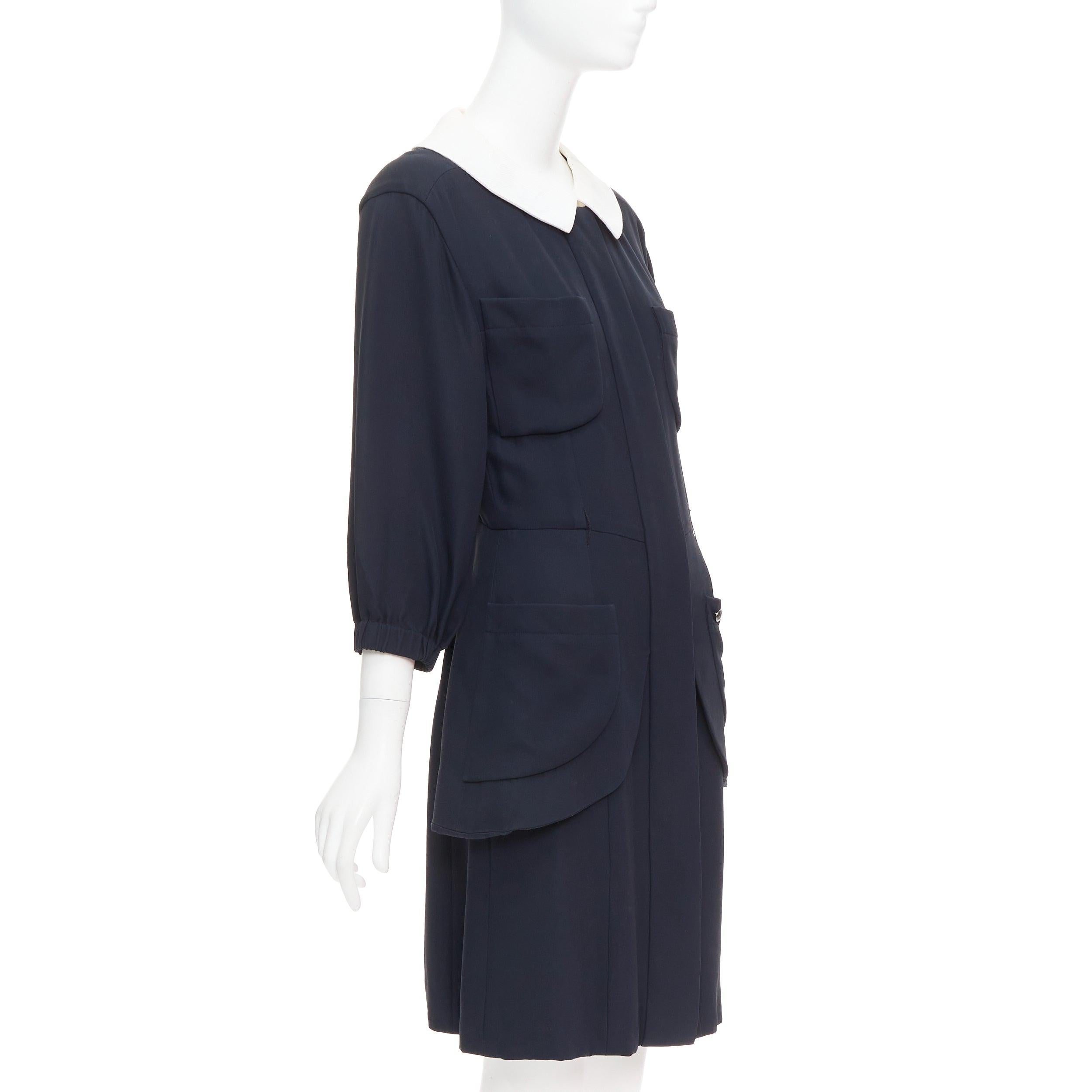 Black rare CHANEL 2015 Runway black silk white cotton collar trompe loeil dress FR36 S For Sale