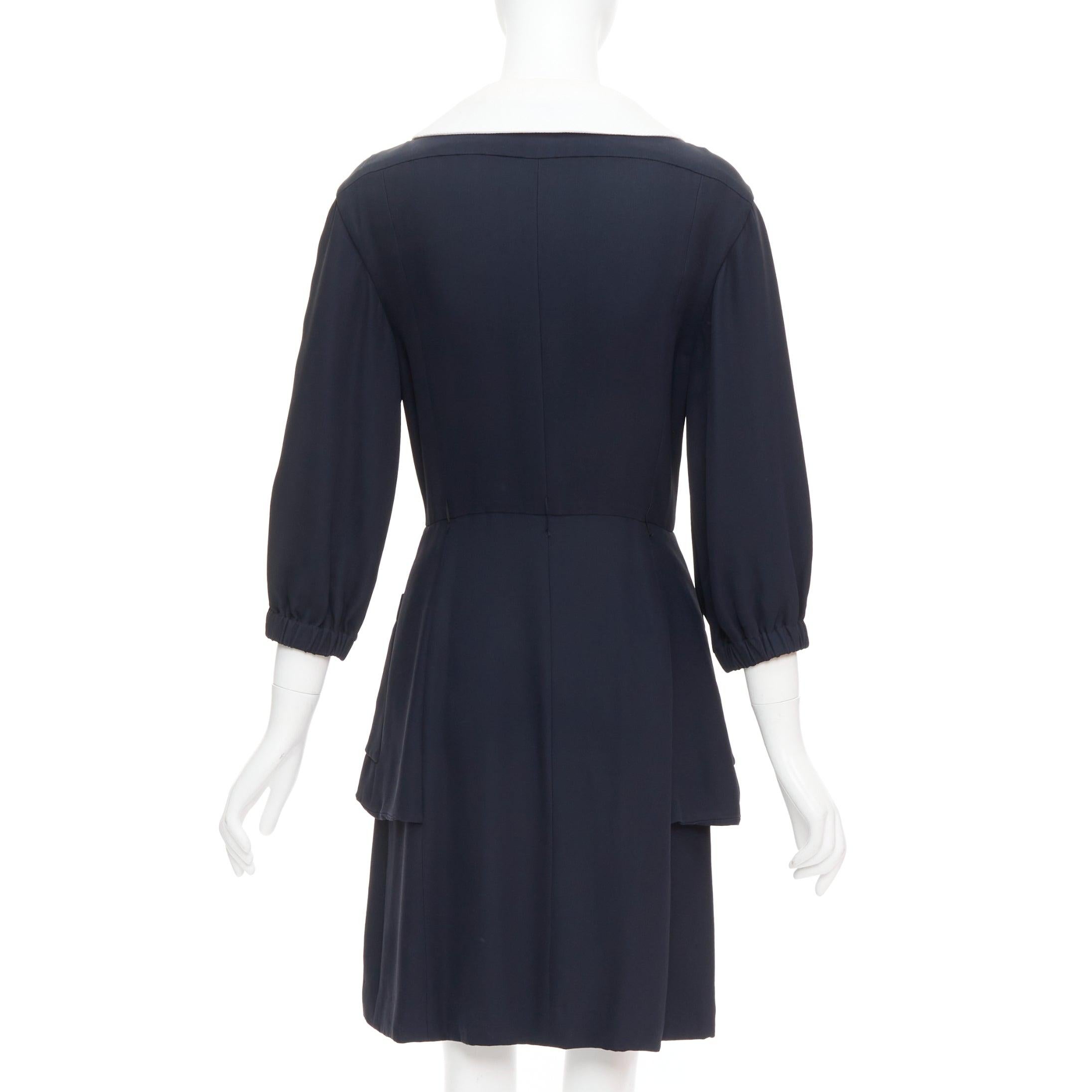 Women's rare CHANEL 2015 Runway black silk white cotton collar trompe loeil dress FR36 S For Sale