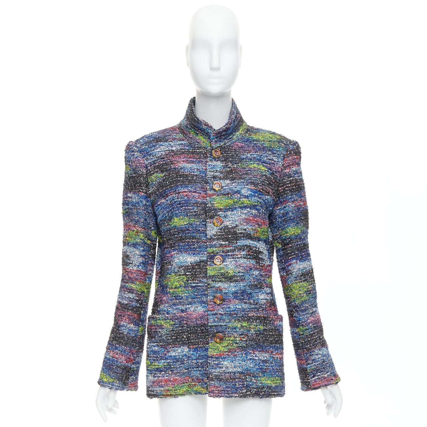 rare CHANEL 2015 Runway blue spray painted Fantasy tweed jacket FR46 For Sale 7