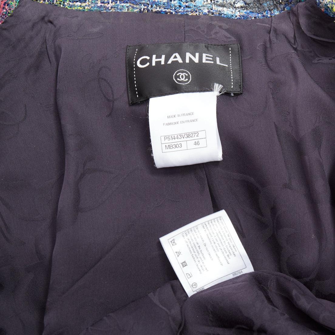rare CHANEL 2015 Runway blue spray painted Fantasy tweed jacket FR46 For Sale 8