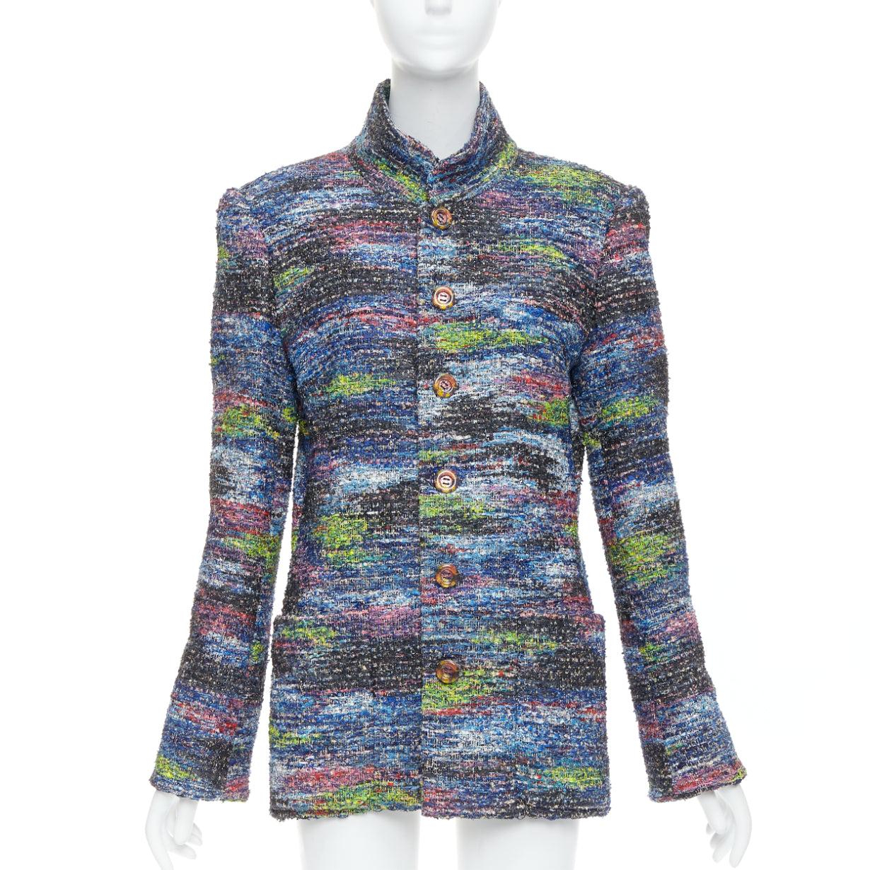 Gray rare CHANEL 2015 Runway blue spray painted Fantasy tweed jacket FR46 For Sale