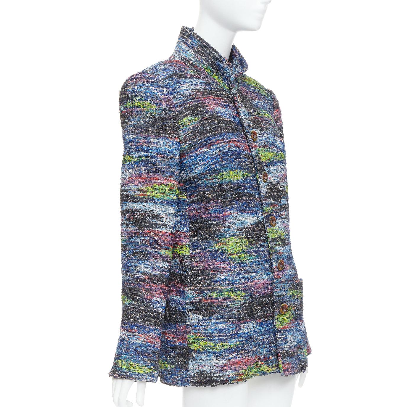 rare CHANEL 2015 Runway blue spray painted Fantasy tweed jacket FR46 In Excellent Condition For Sale In Hong Kong, NT