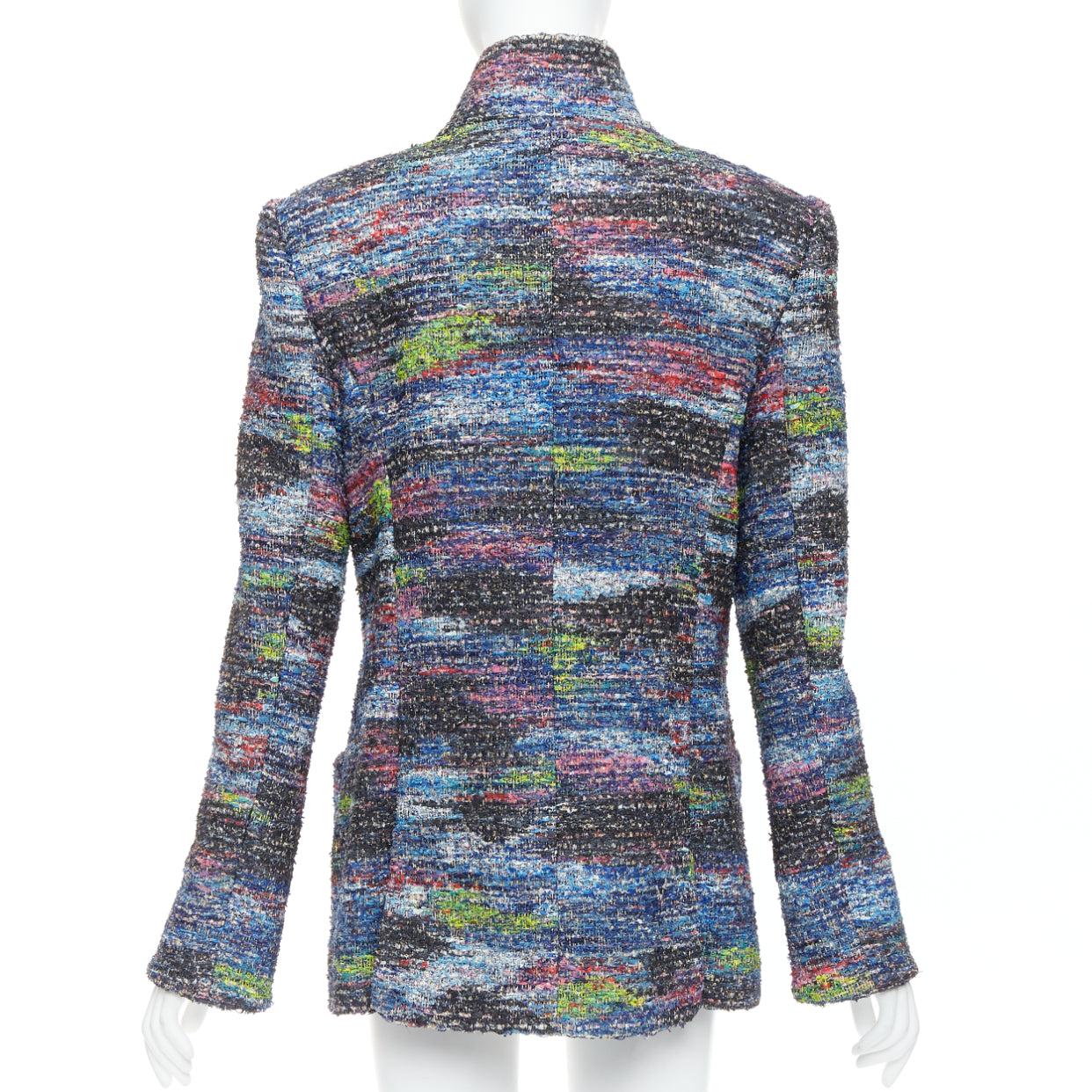 rare CHANEL 2015 Runway blue spray painted Fantasy tweed jacket FR46 For Sale 1
