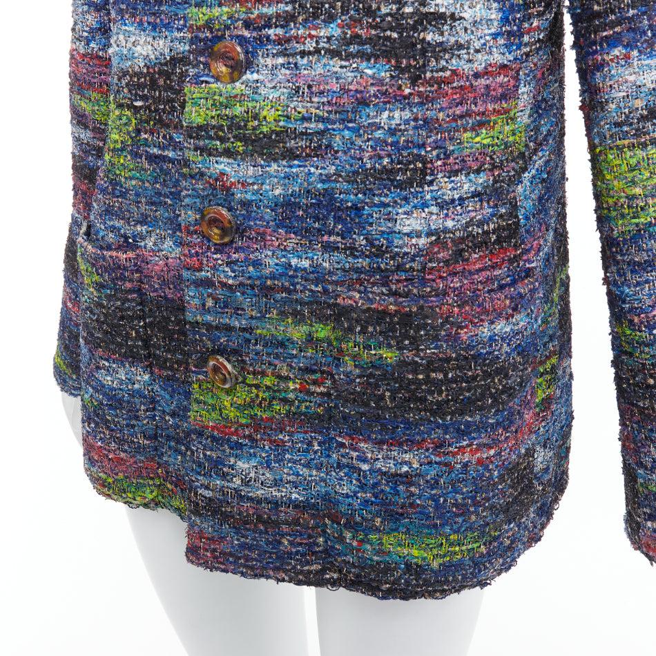 rare CHANEL 2015 Runway blue spray painted Fantasy tweed jacket FR46 For Sale 3