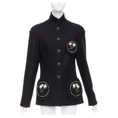 rare CHANEL 2015 Runway Edelweiss flower embroidery circle pocket wool coat FR42