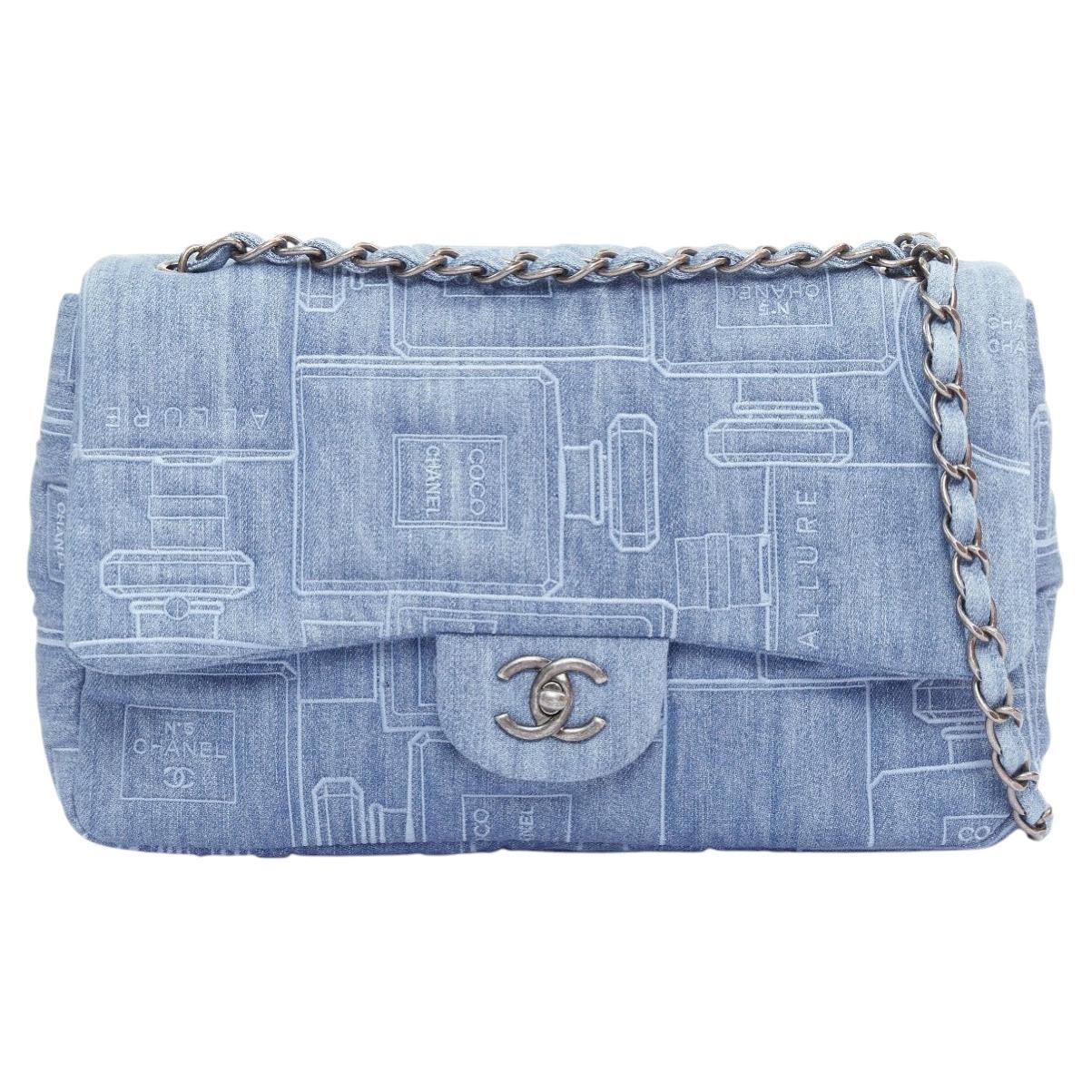 rare CHANEL 2016 Runway Perfume Bottle Embroidered Denim Jumbo Single Flap bag