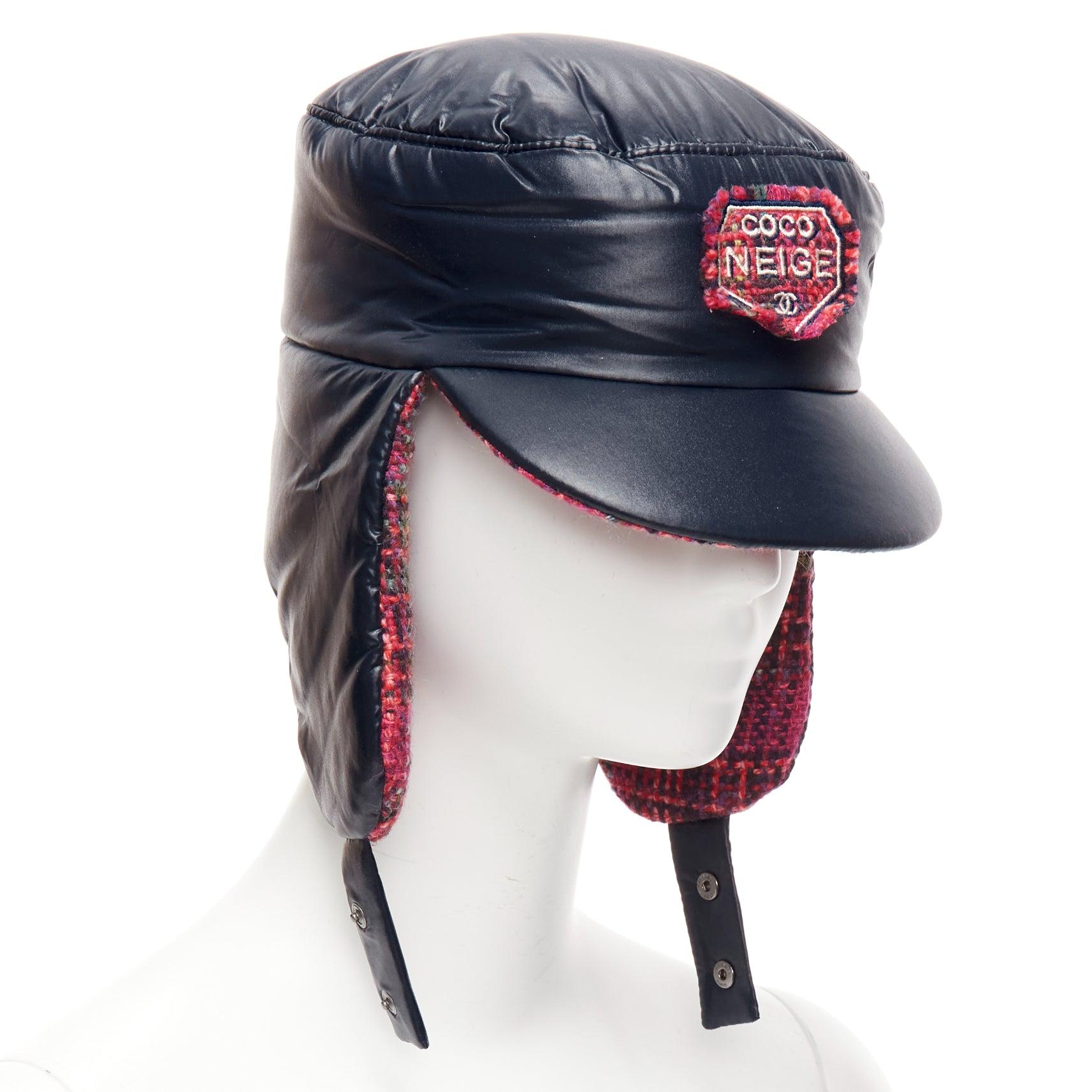 rare CHANEL 2018 Coco Neige pink wool tweed lined navy nylon CC logo trapper hat In Excellent Condition In Hong Kong, NT