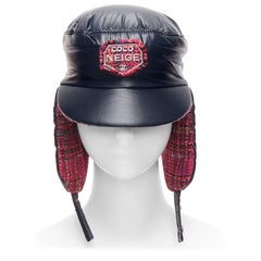 rare CHANEL 2018 Coco Neige pink wool tweed lined navy nylon CC logo trapper hat