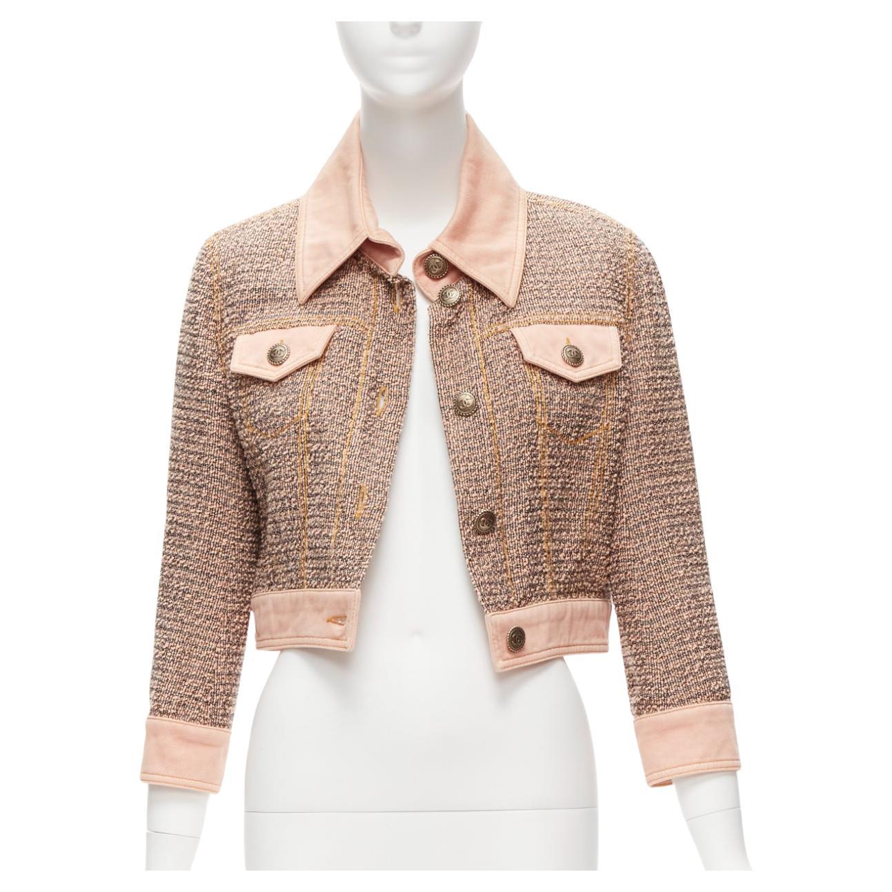 rare CHANEL 2018 Runway pink denim trim boucle tweed CC button cropped jacket FR For Sale