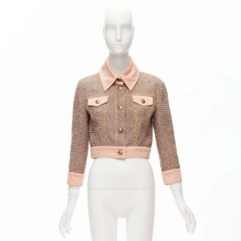 rare CHANEL 2018 Runway pink denim trim tweed CC button cropped jacket FR36 S For Sale 5