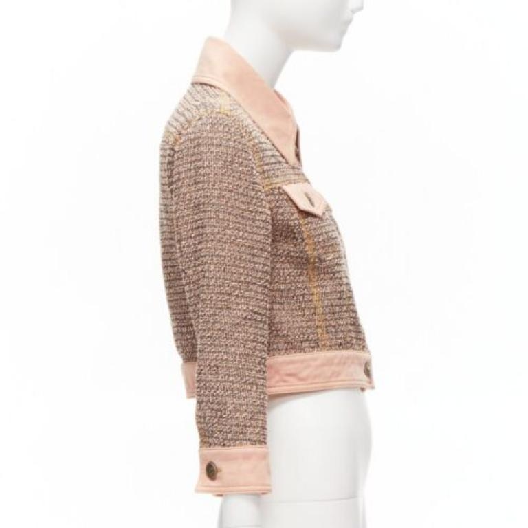 Women's rare CHANEL 2018 Runway pink denim trim tweed CC button cropped jacket FR36 S For Sale