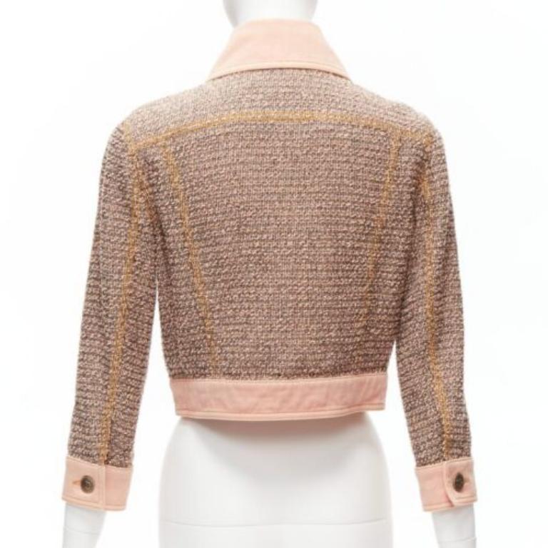 rare CHANEL 2018 Runway pink denim trim tweed CC button cropped jacket FR36 S For Sale 1