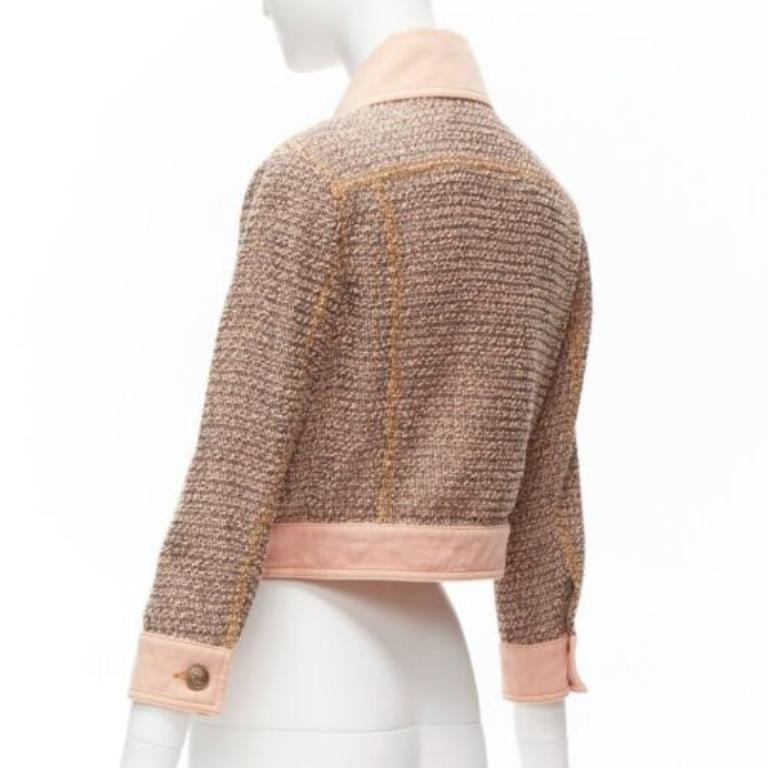 rare CHANEL 2018 Runway pink denim trim tweed CC button cropped jacket FR36 S For Sale 2