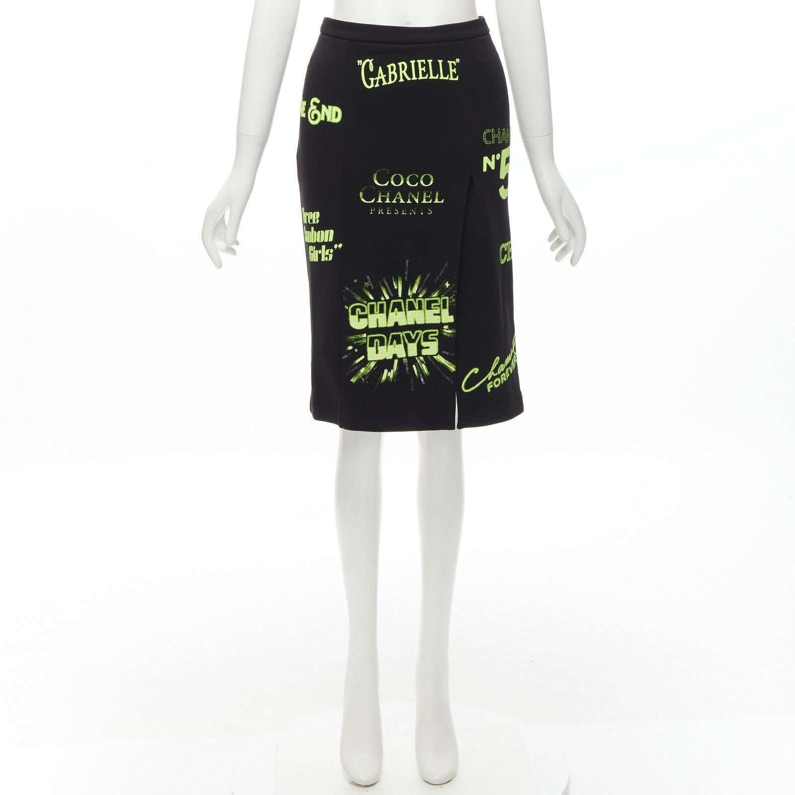 rare CHANEL 2021 Runway black neon graphic logo slit cotton fleece skirt FR34 XS For Sale 5