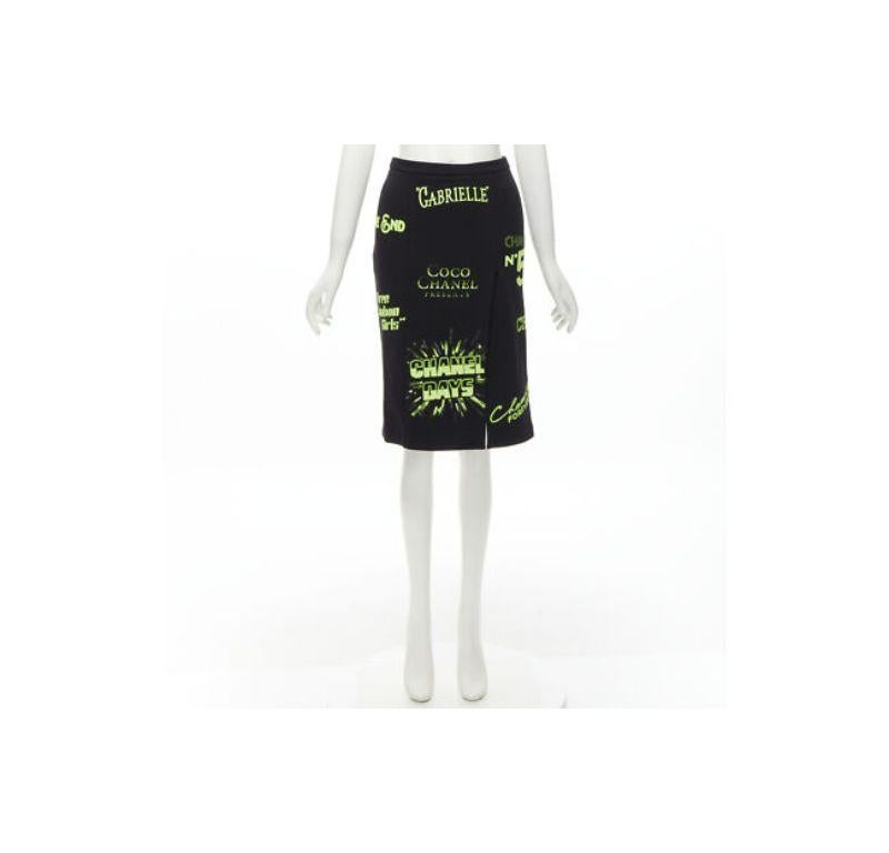 rare CHANEL 2021 Runway black neon graphic logo slit cotton fleece skirt FR34 XS For Sale 6