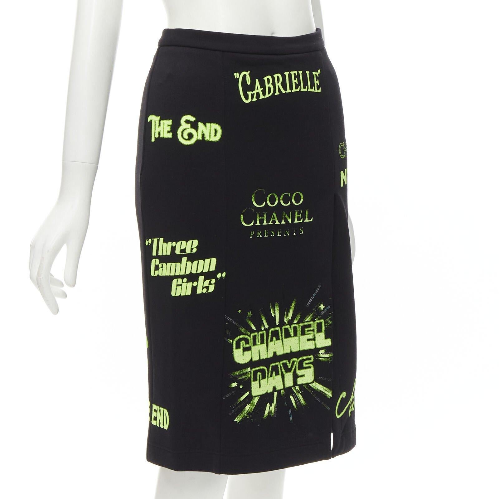 Black rare CHANEL 2021 Runway black neon graphic logo slit cotton fleece skirt FR34 XS For Sale