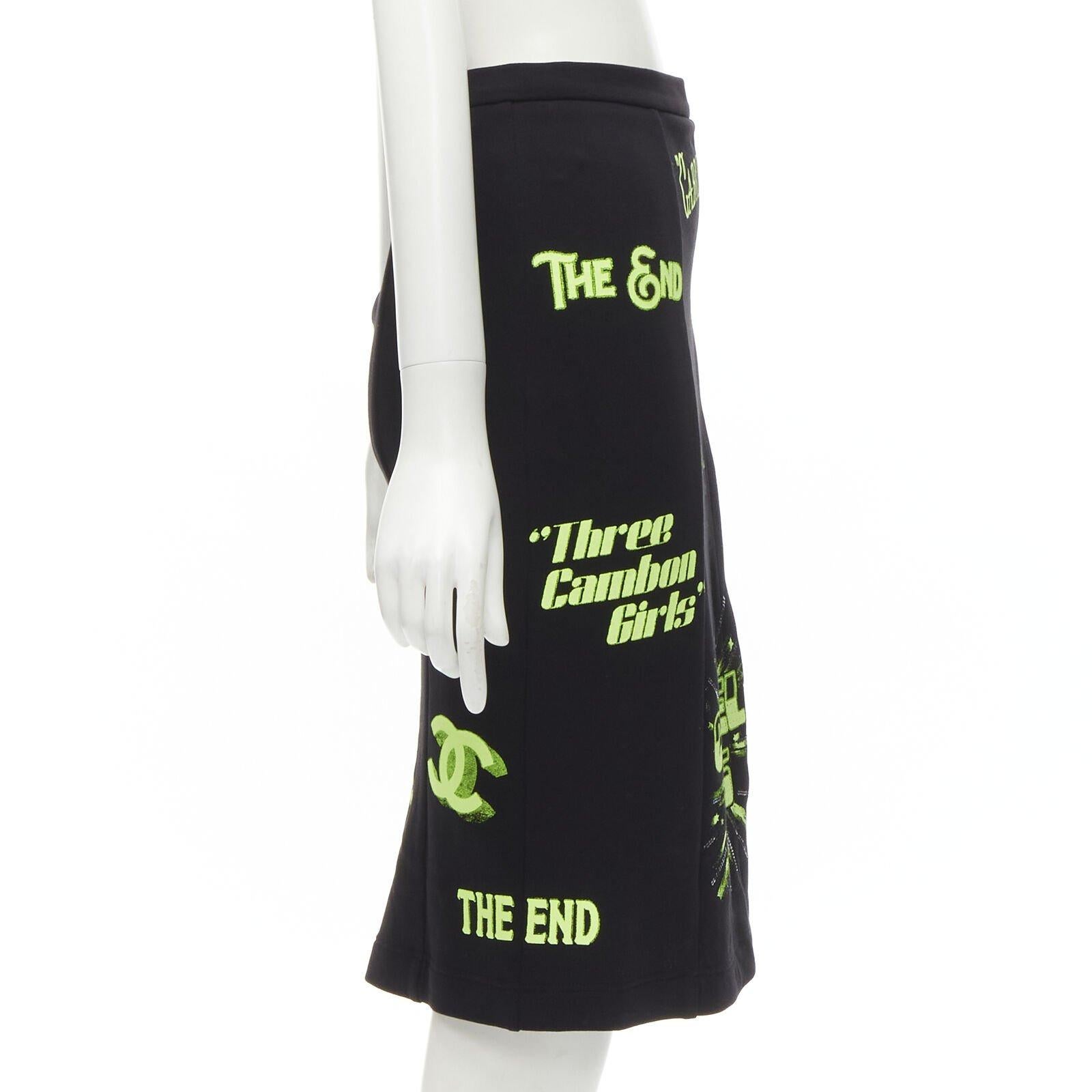 rare CHANEL 2021 Runway black neon graphic logo slit cotton fleece skirt FR34 XS In Excellent Condition For Sale In Hong Kong, NT