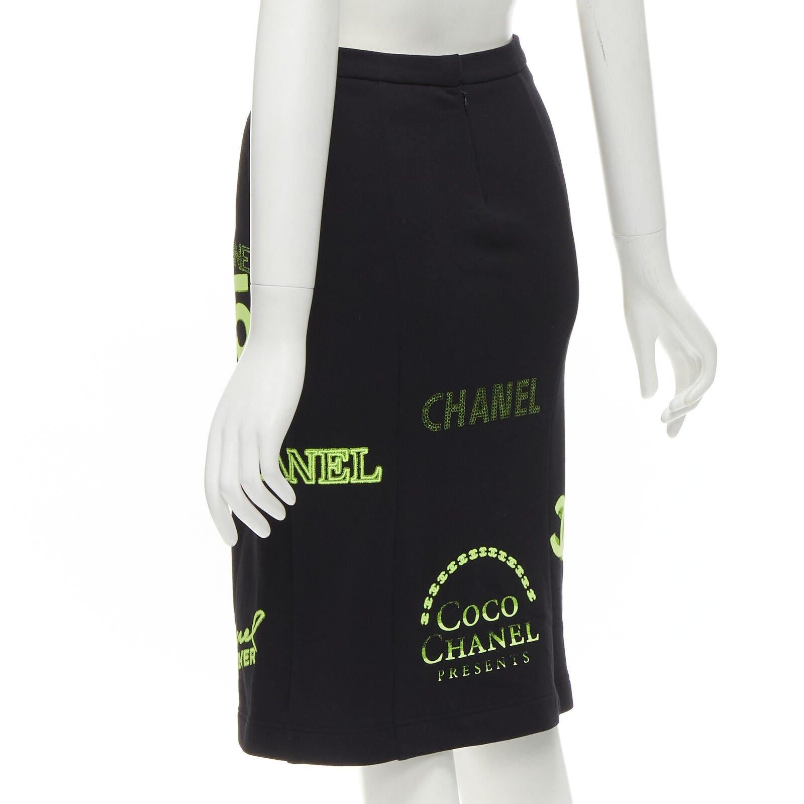 Women's rare CHANEL 2021 Runway black neon graphic logo slit cotton fleece skirt FR34 XS For Sale